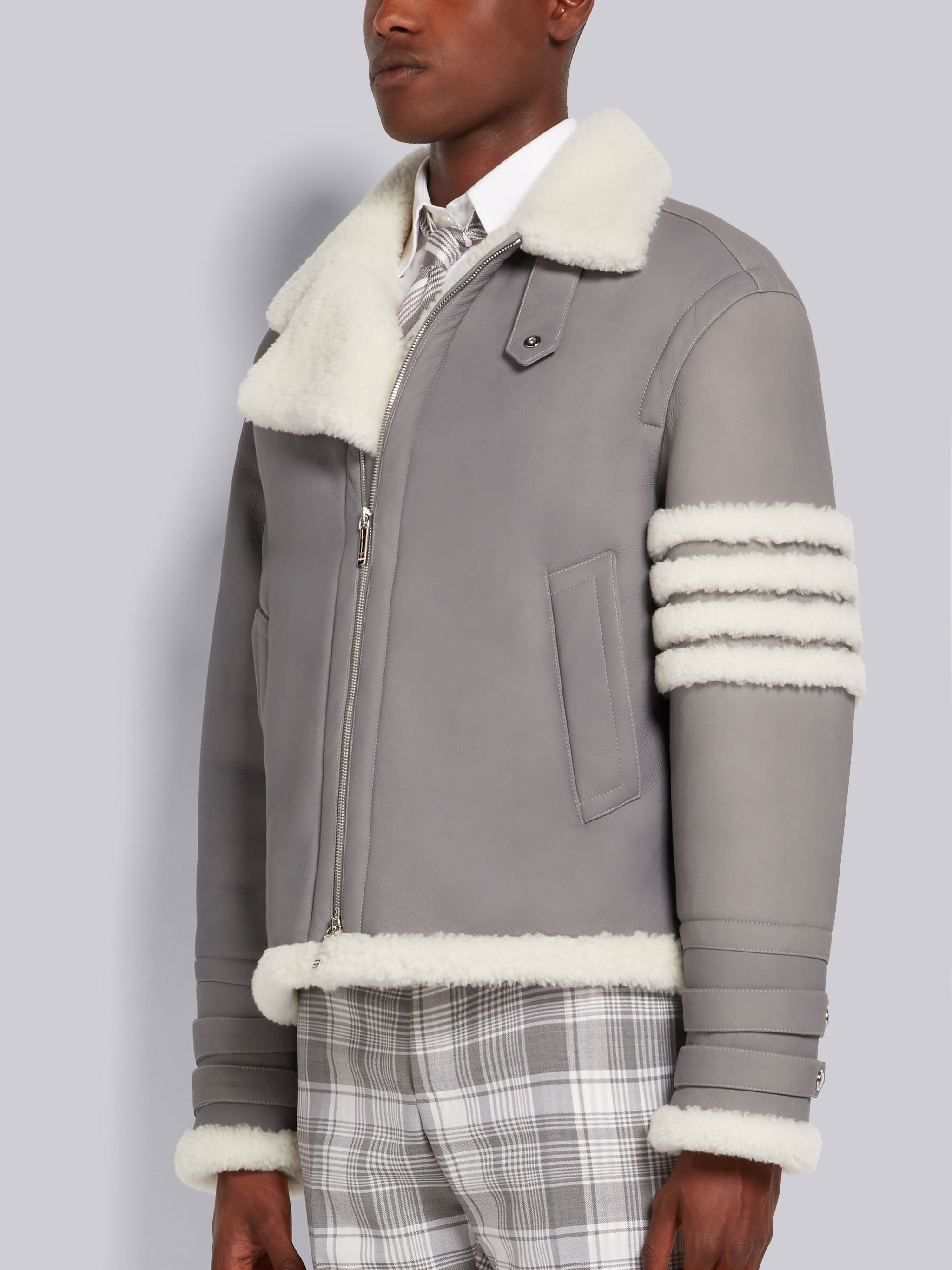 Medium Grey Bicolor Dyed Shearling 4-Bar Oversized Flight Jacket - 2