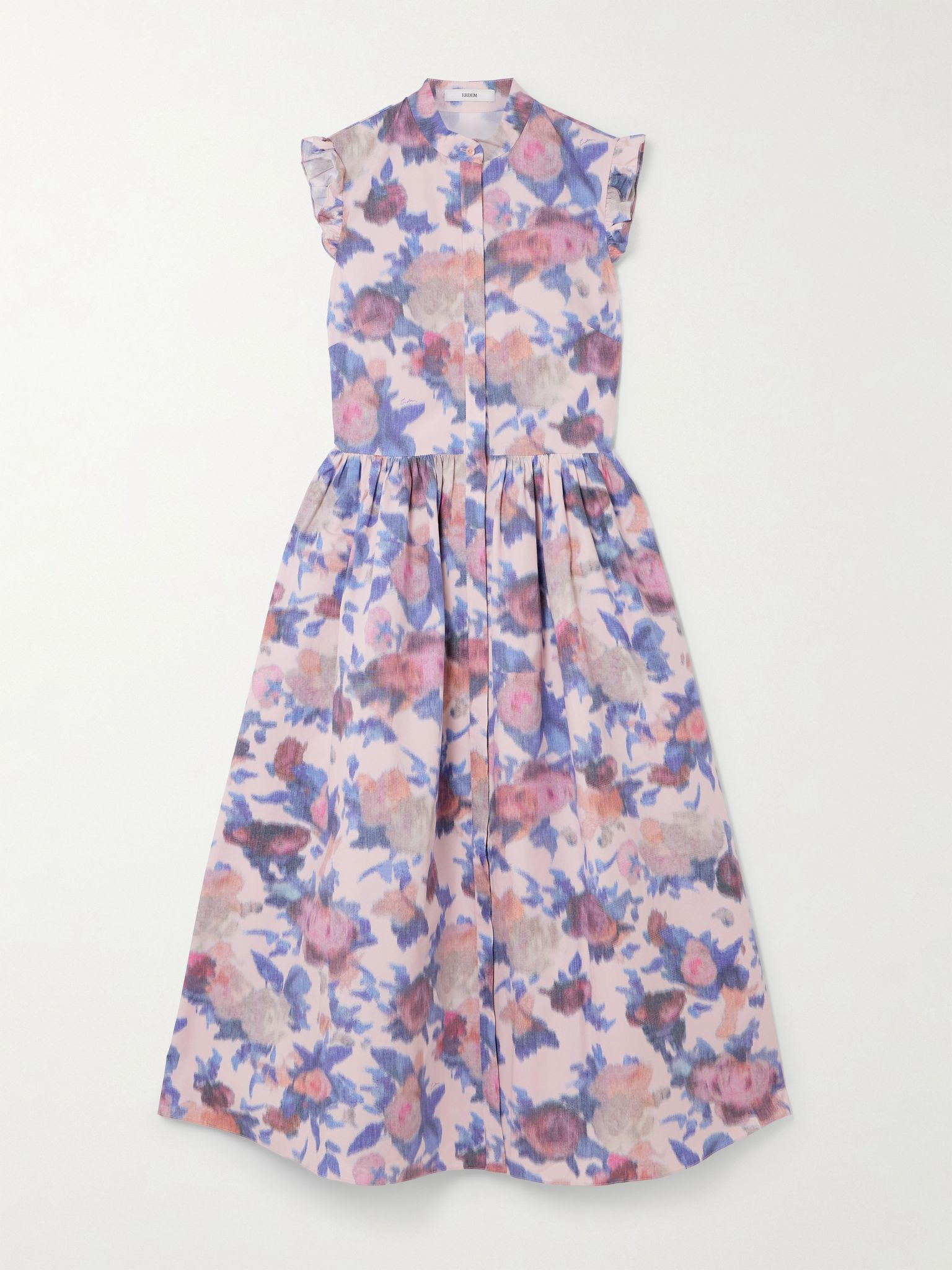 Ruffled gathered floral-print cotton-poplin midi dress Pink - 1