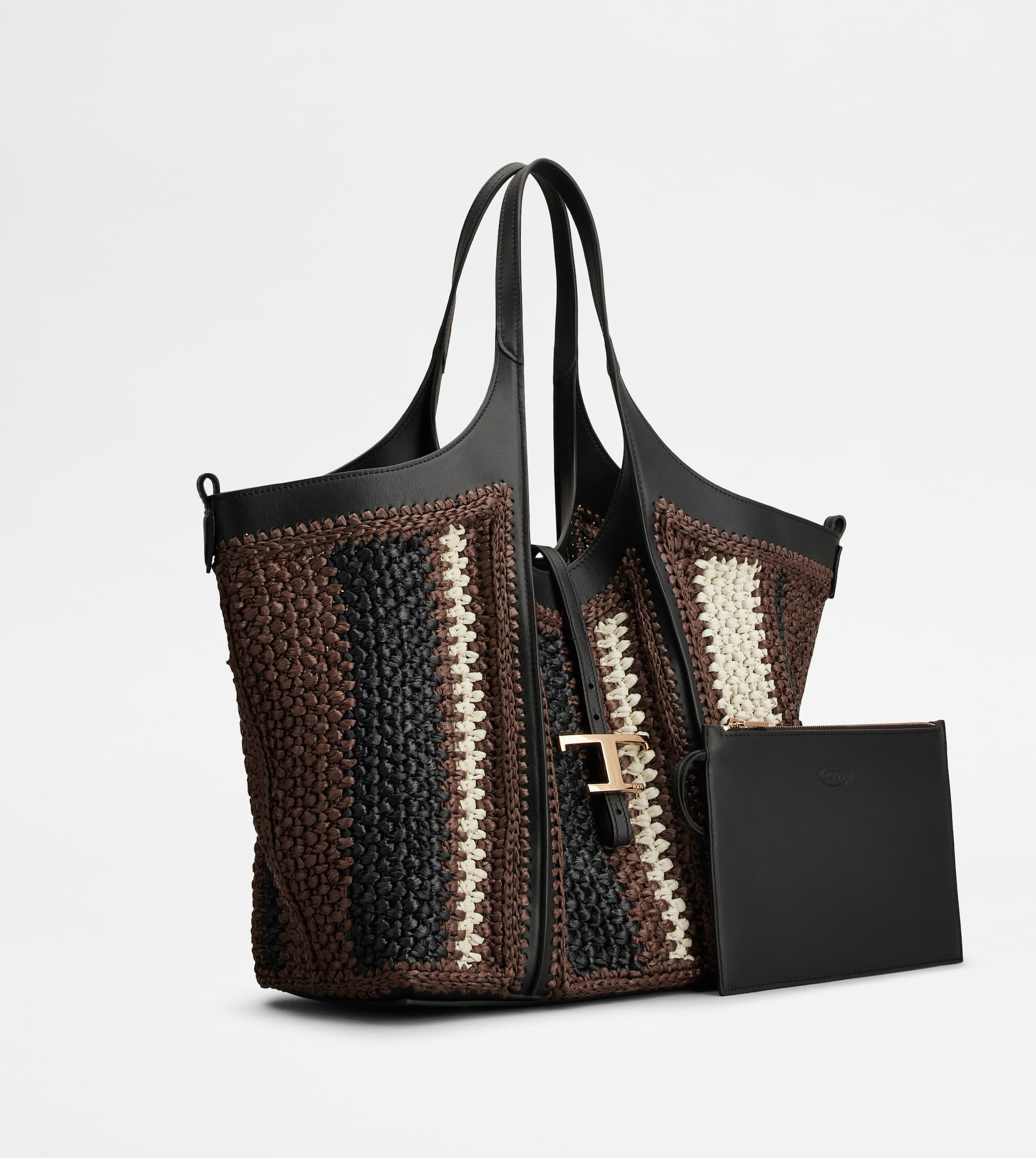 トートバッグ TOD'S Two-Tone Leather And Raffia Small Shopping Bag Tod's Two-Tone Leather And Raffia Small Shopping Bag in