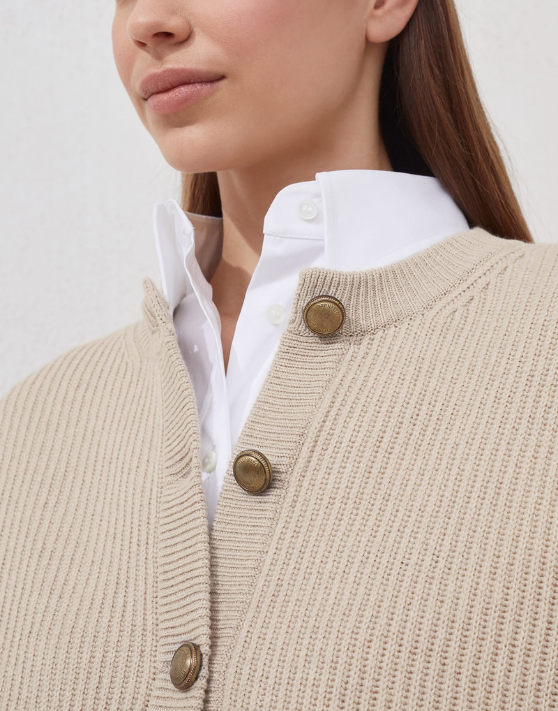 Virgin wool, cashmere and silk English rib cardigan with metal buttons 3