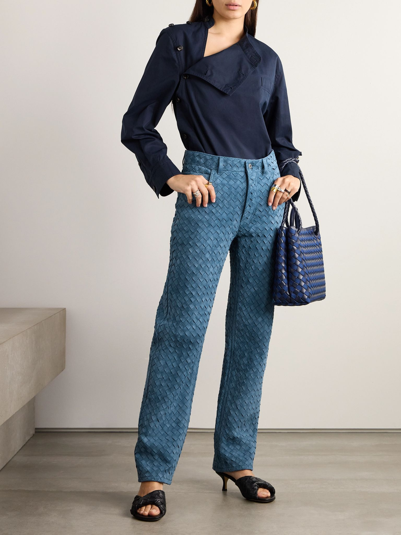 Intrecciato suede straight-leg pants Blue - 2