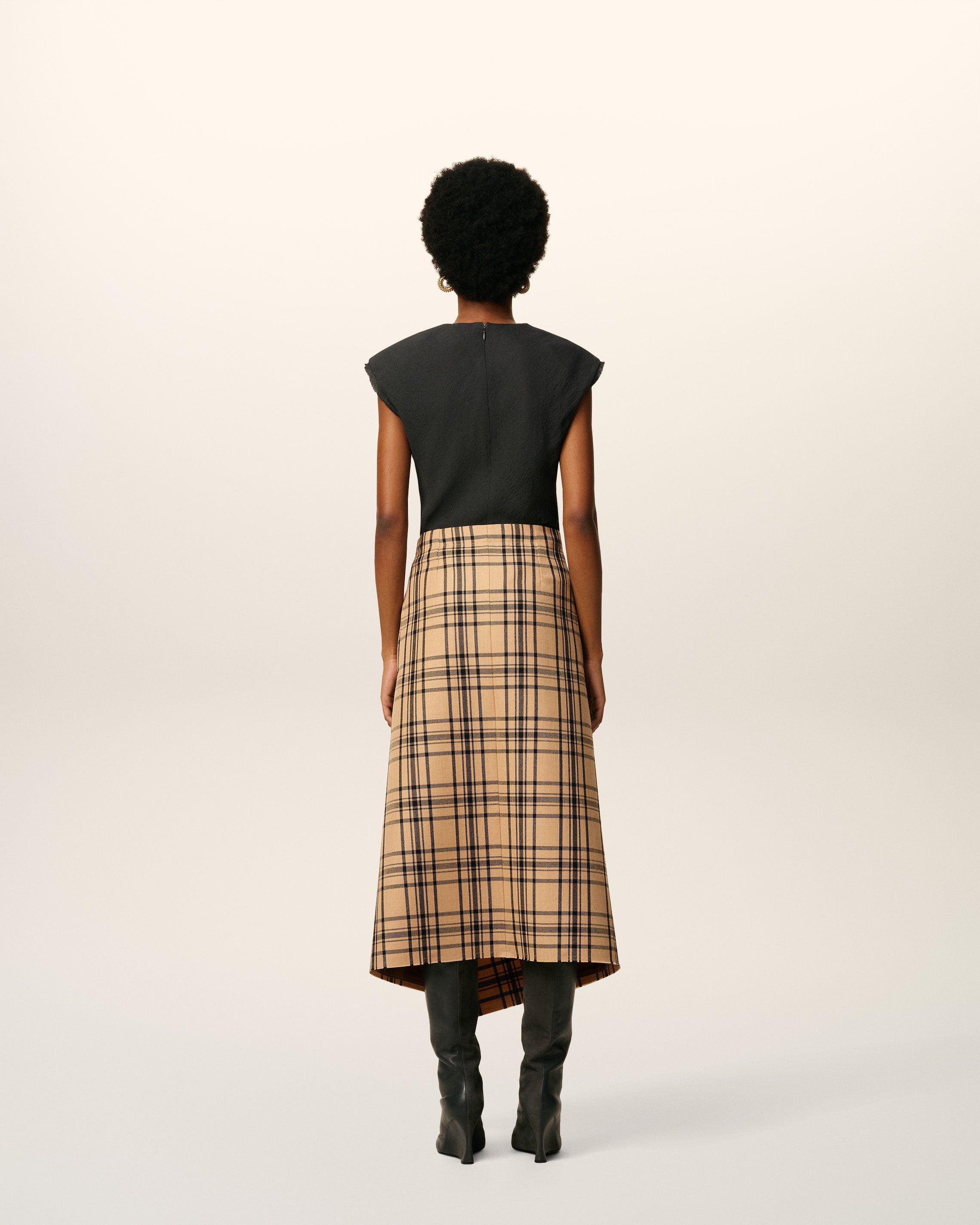 BROWN WOOL MIDI CHECKED WRAPPED SKIRT - 4