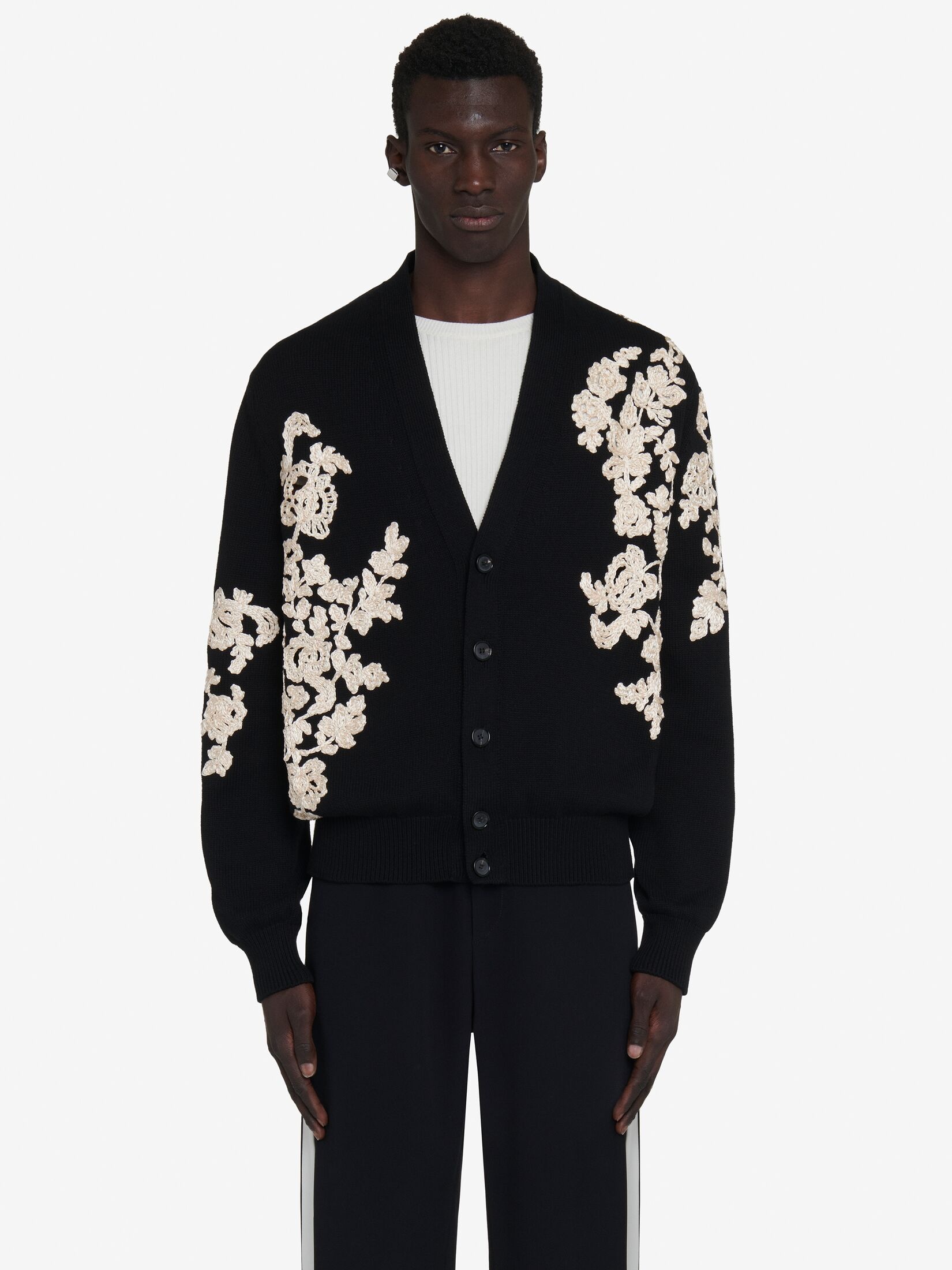 Men's Floral Embroidery Cardigan in Black/ivory - 5