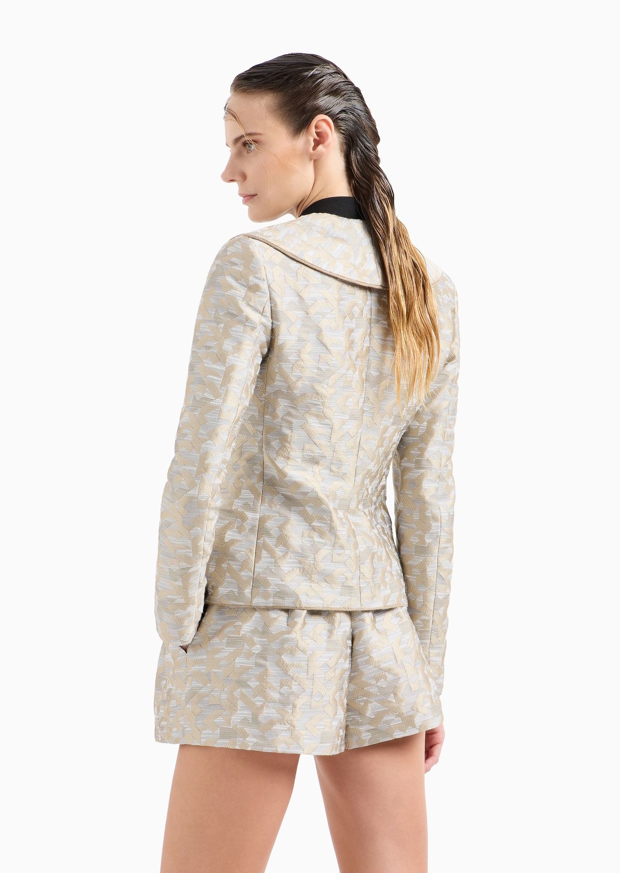 Double-breasted shawl-collar jacket in jacquard with a deconstructed geometric design - 3