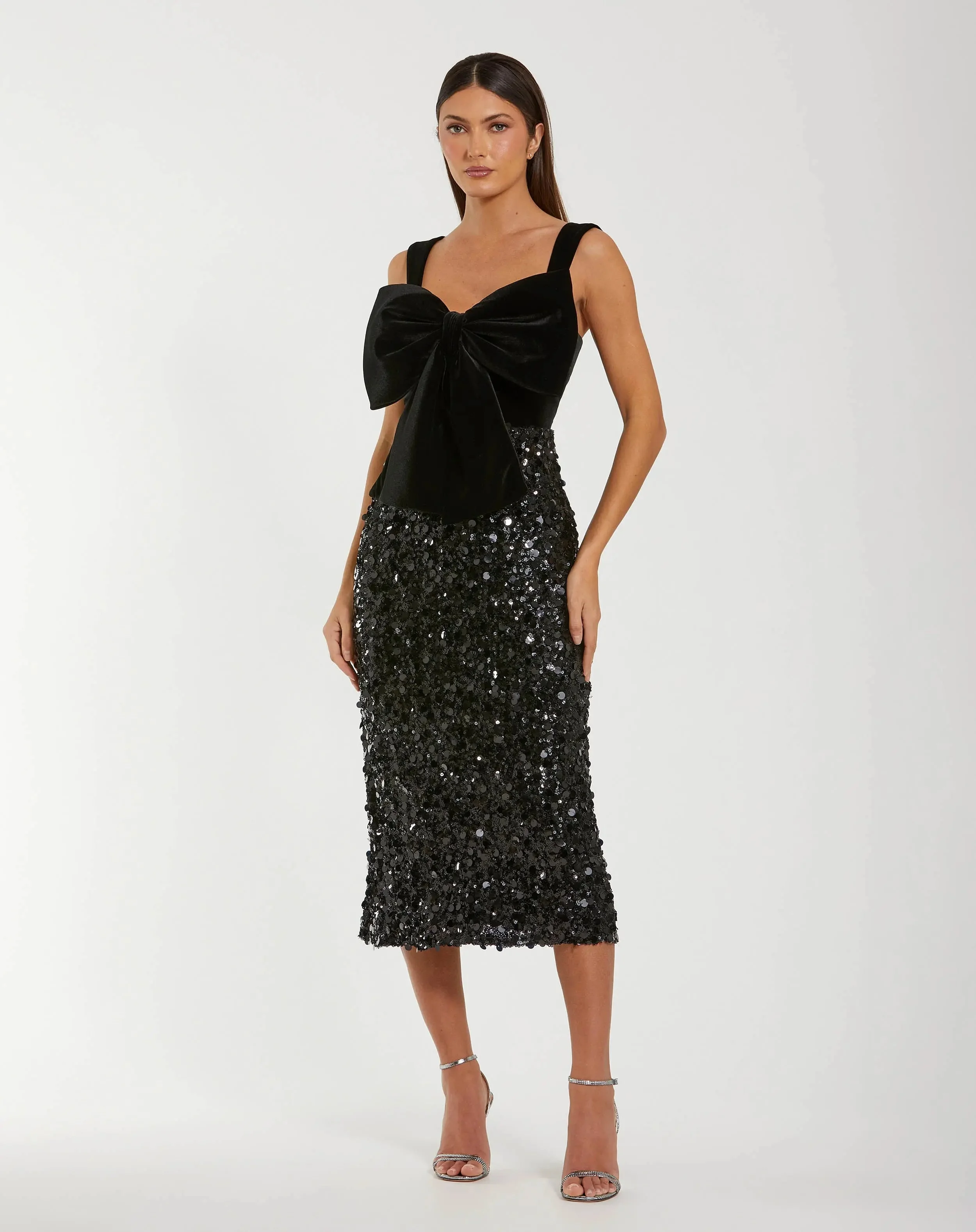 Black Sleeveless Sequin Midi Dress With Velvet Bow - 1