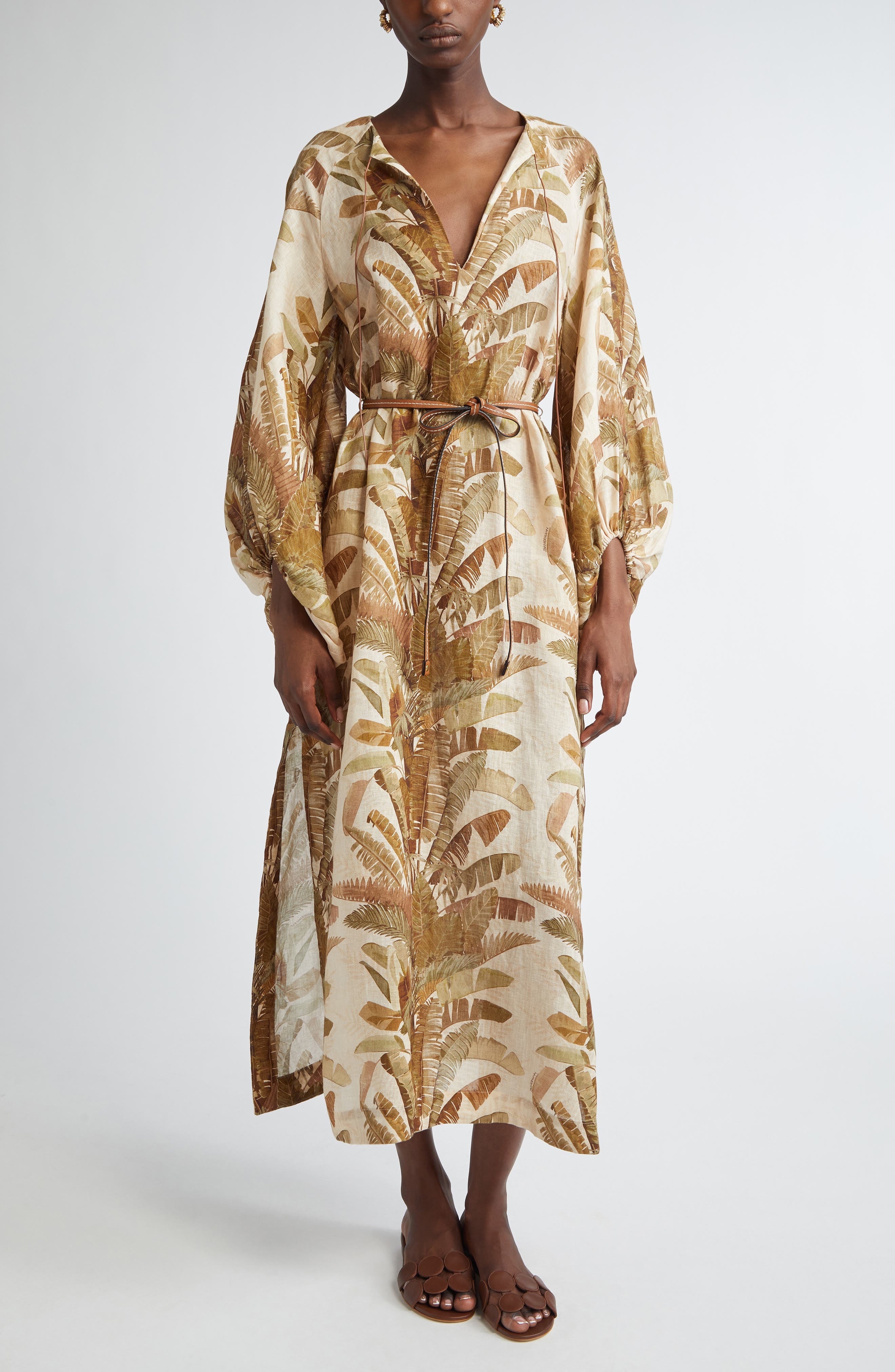 Zimmermann Ascension Tropical Print Long Sleeve Linen in Green Palm at Nordstrom - 1