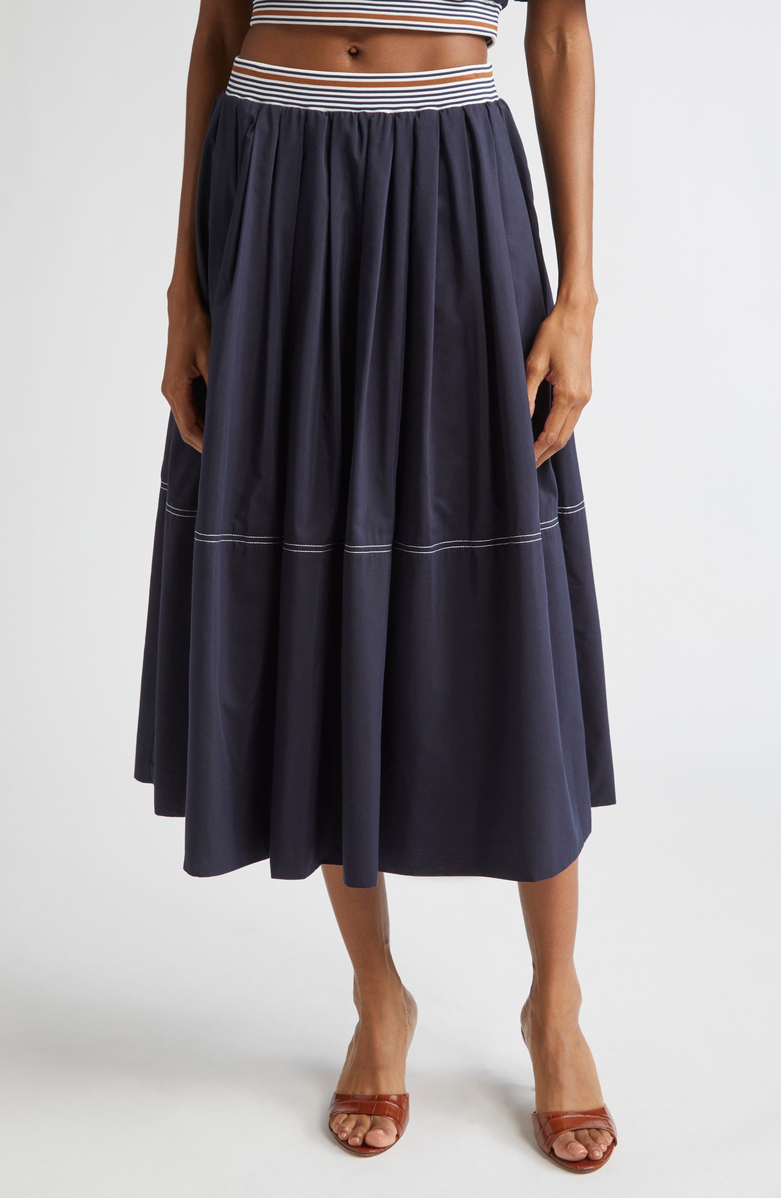 Veronica Beard Evelina Topstitch Detail Cotton & Silk Skirt in Navy at Nordstrom - 1