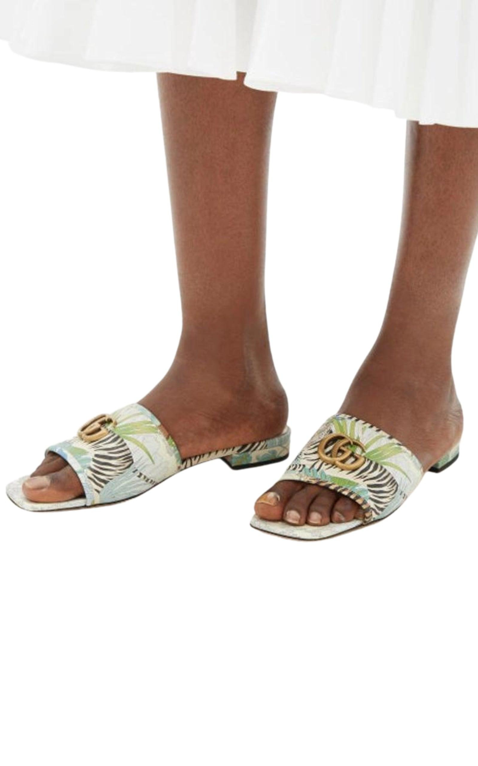 Tiger-print Leather Slides - 5