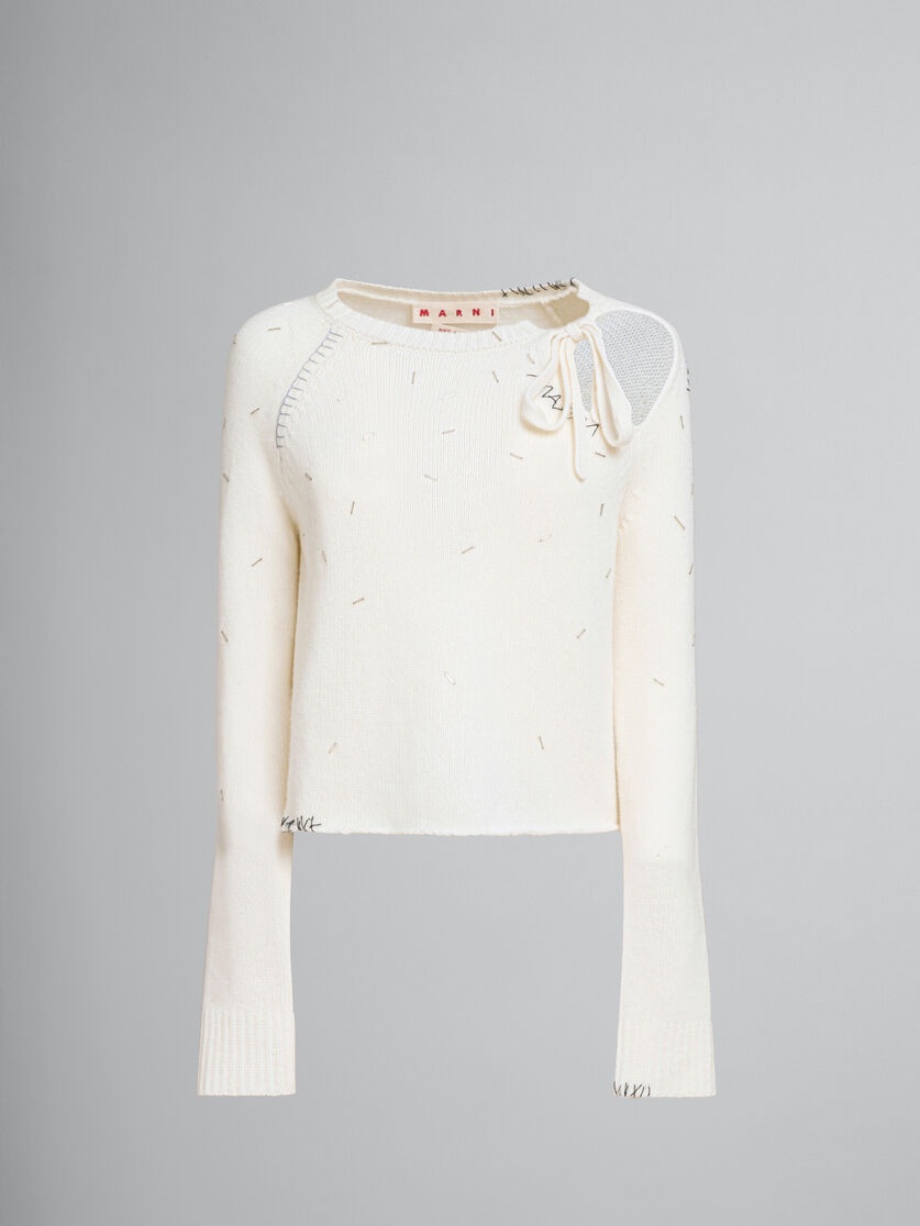 PEARL EMBELLISHED WOOL AND CASHMERE IVORY JUMPER - 1