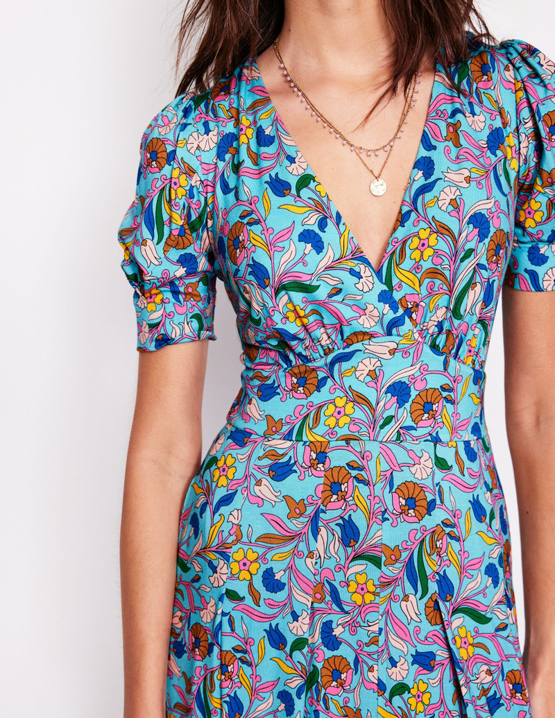 Kristen Pleated Jersey Dress-Blue, Enchanting Vine 3