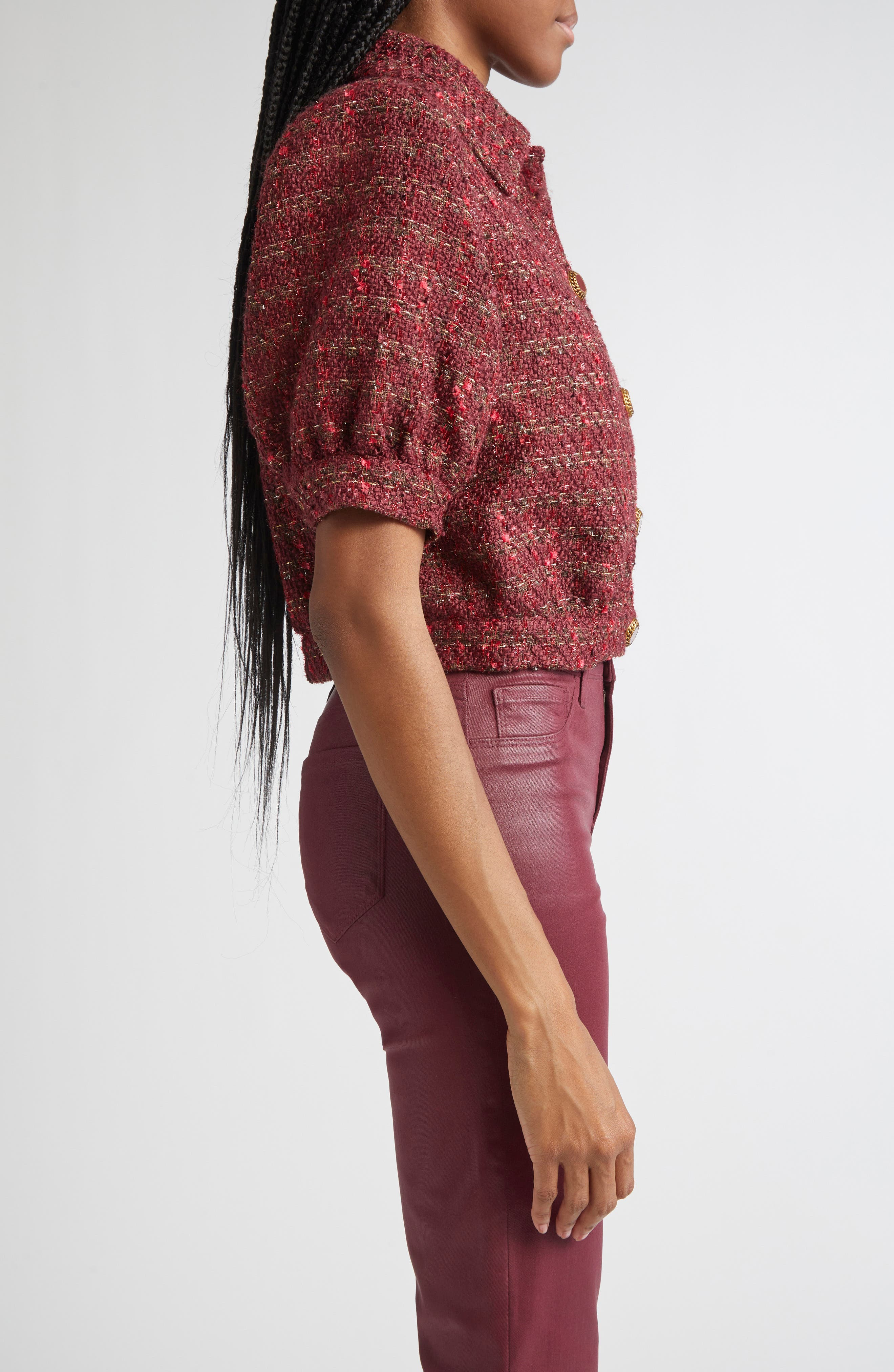 L'AGENCE Tweed Check Puff Sleeve Jacket in Brown/blk Cherry Multi Tweed at Nordstrom - 4