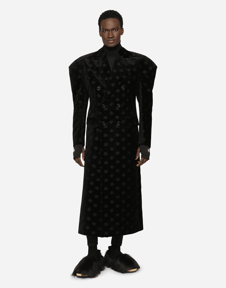 Double-breasted velvet coat with all-over DG print - 4