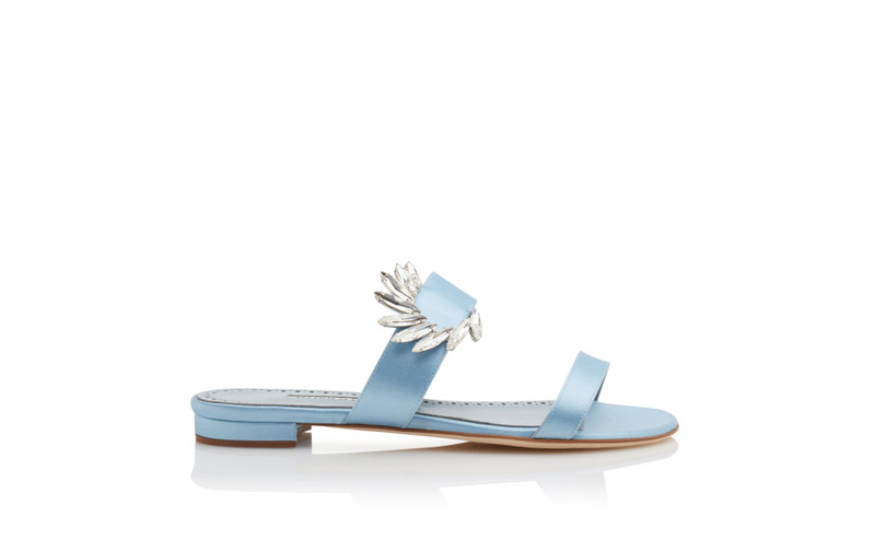 Light Blue Satin Embellished Flat Mules 1