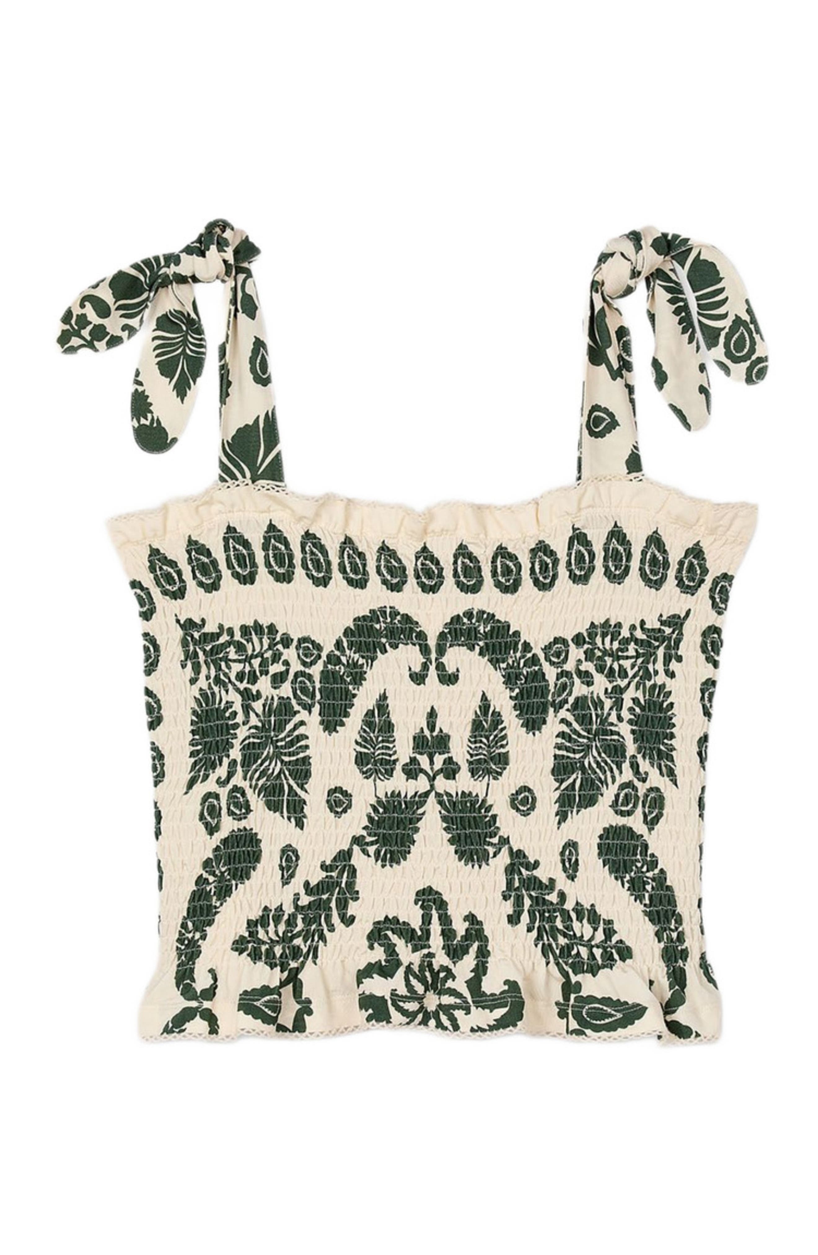 SANDRO Floral motif smocked top in Ecru /Green at Nordstrom - 5