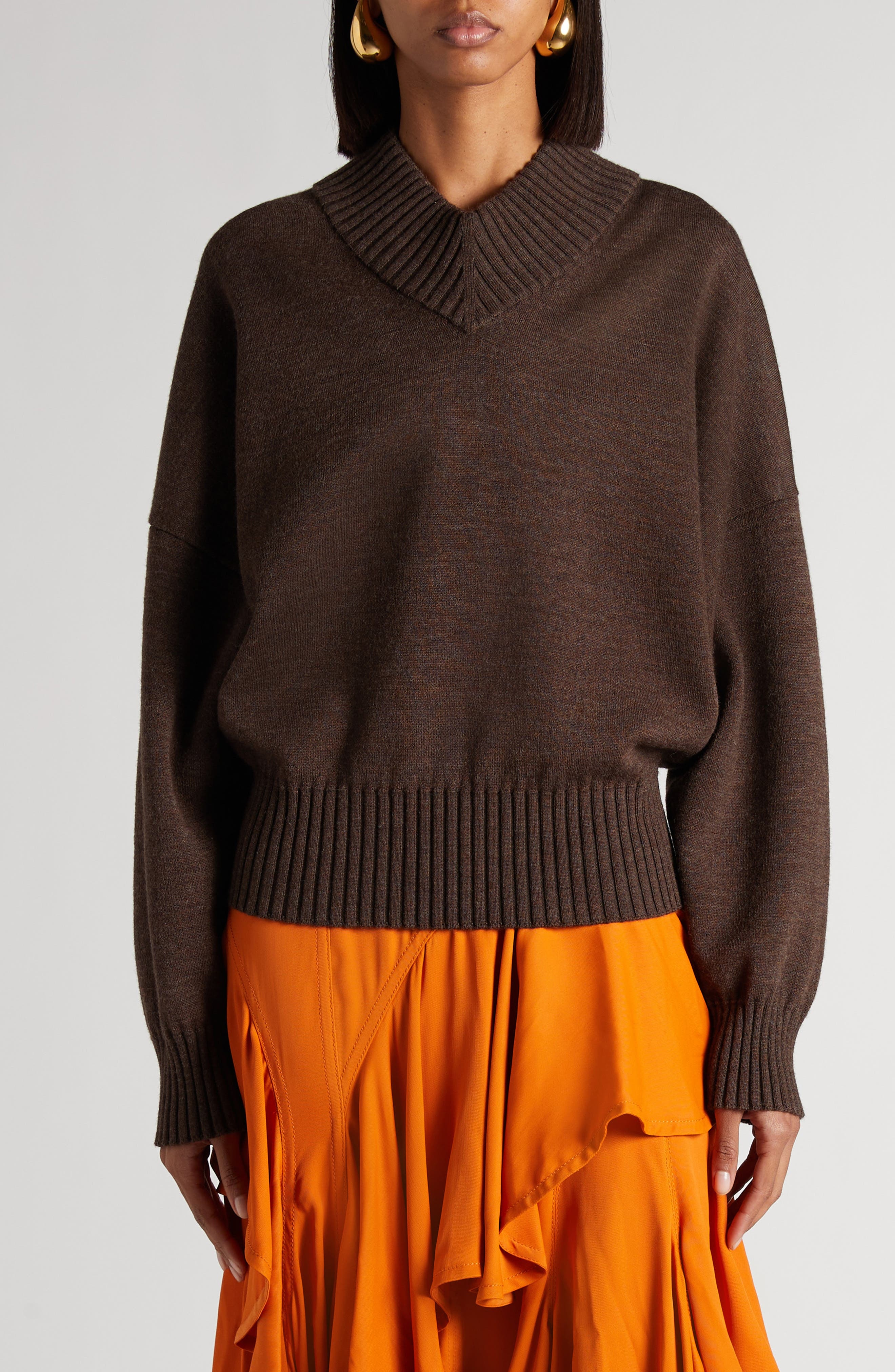 Bottega Veneta Relaxed Fit Double Cotton Blend V-Neck Sweater in 2164 Dark Chestnut at Nordstrom - 1