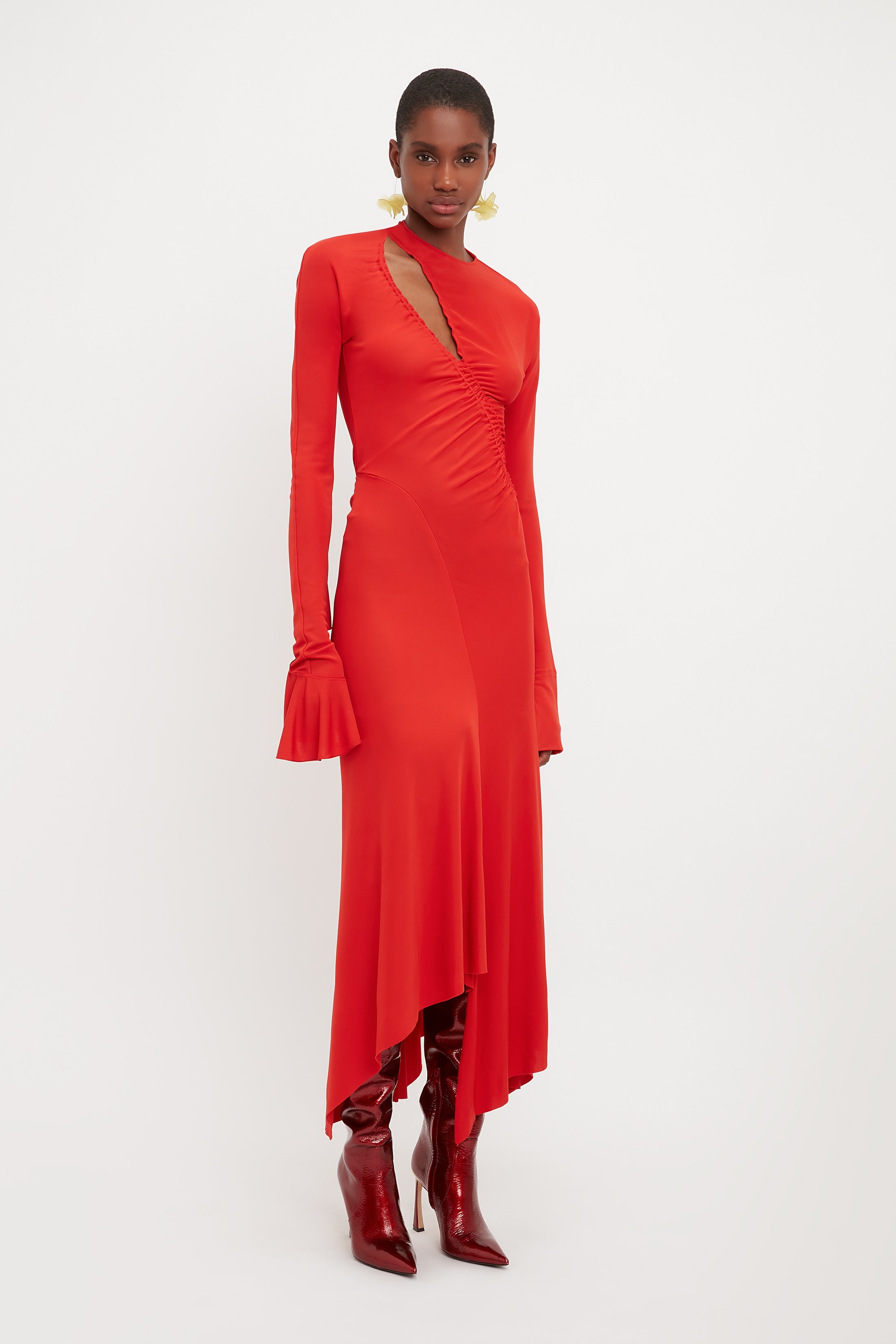 Asymmetric Slash Jersey Dress In Crimson - 3