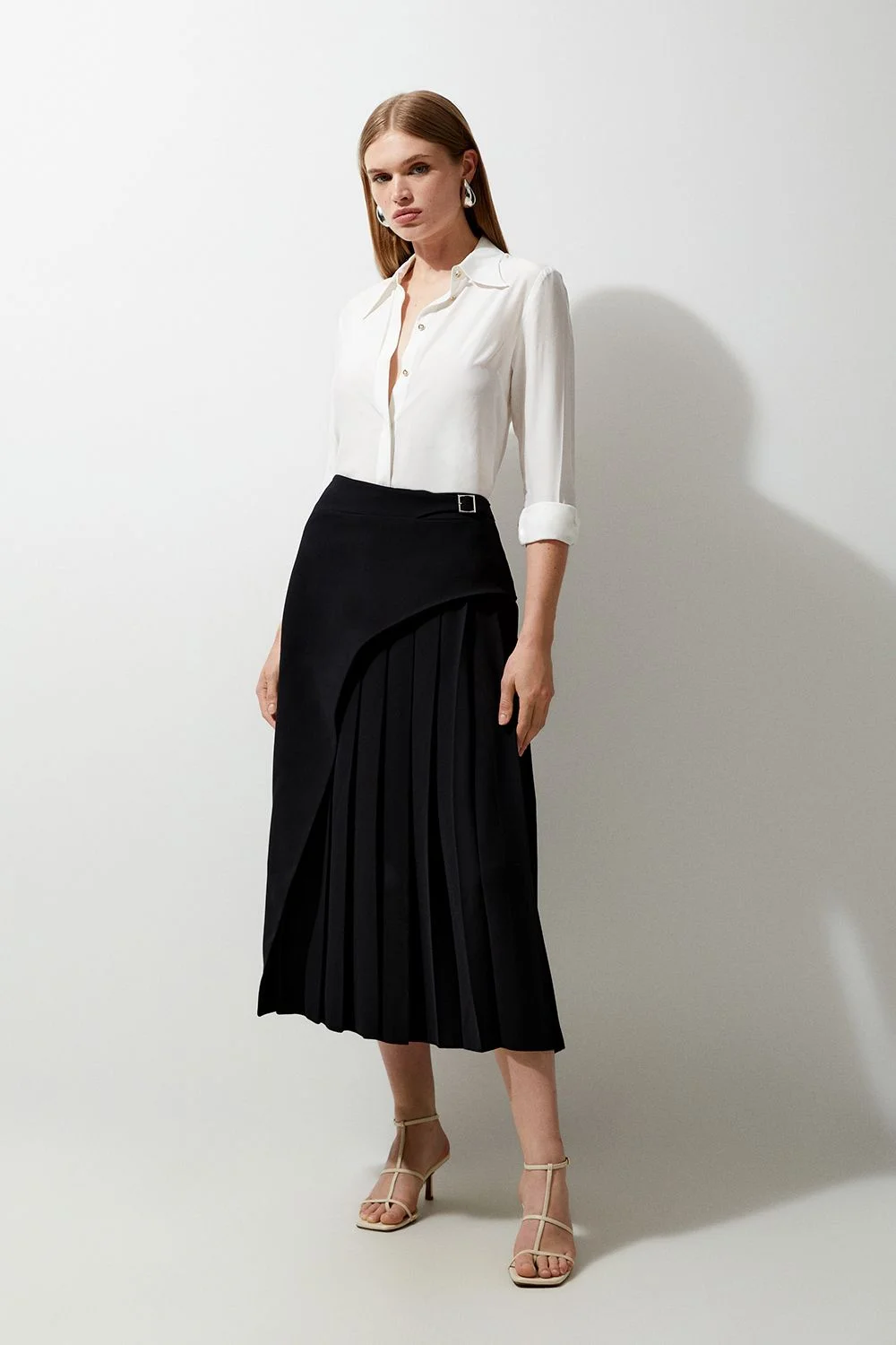 Petite Tailored Buckle Detail Pleated Midi Skirt - 1
