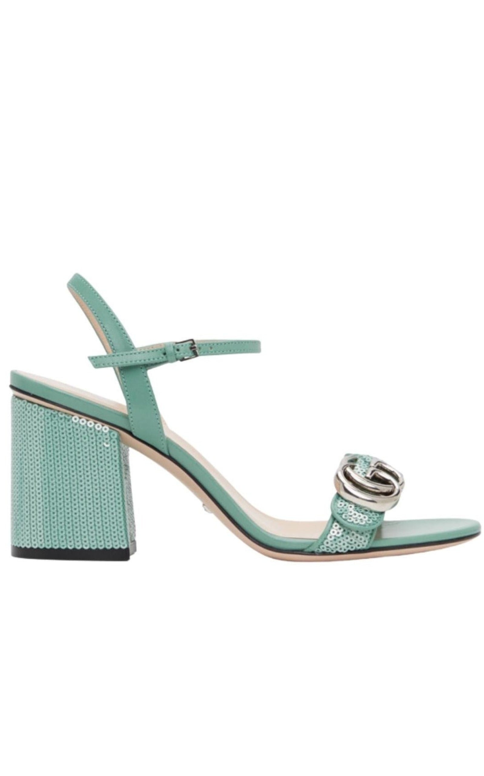 Green Sequin GG Marmont Mid Heeled Sandals - 1
