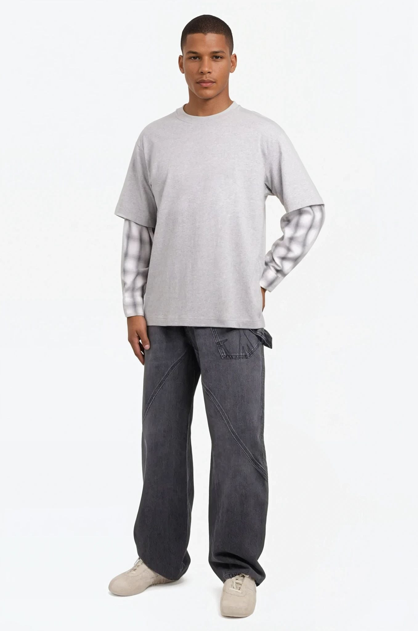 LAYER L/S SHIRT SLEEVE T-SHIRT | GREY/CHECK - 2