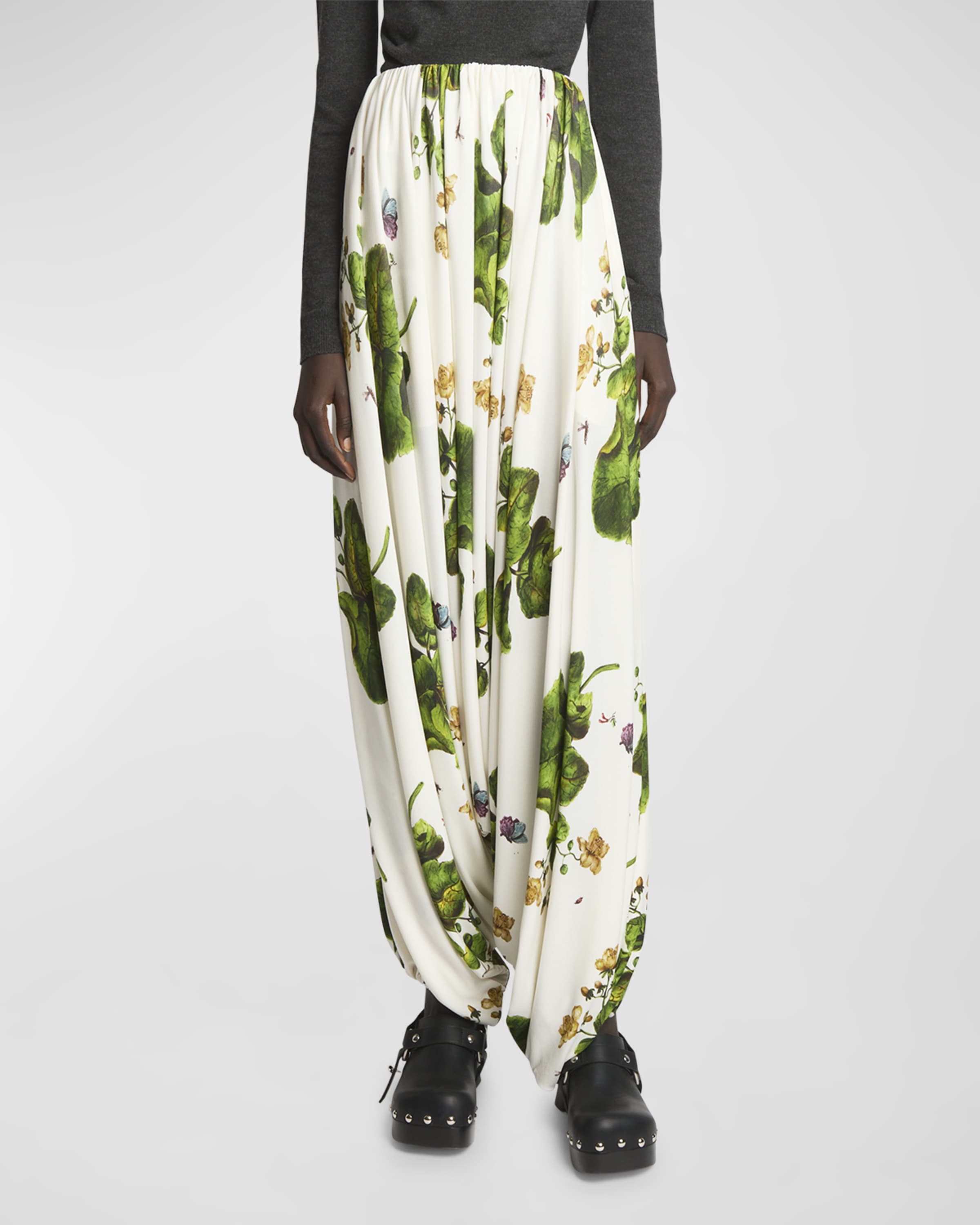 Leaf-Print Draped Wide-Leg Trousers - 2