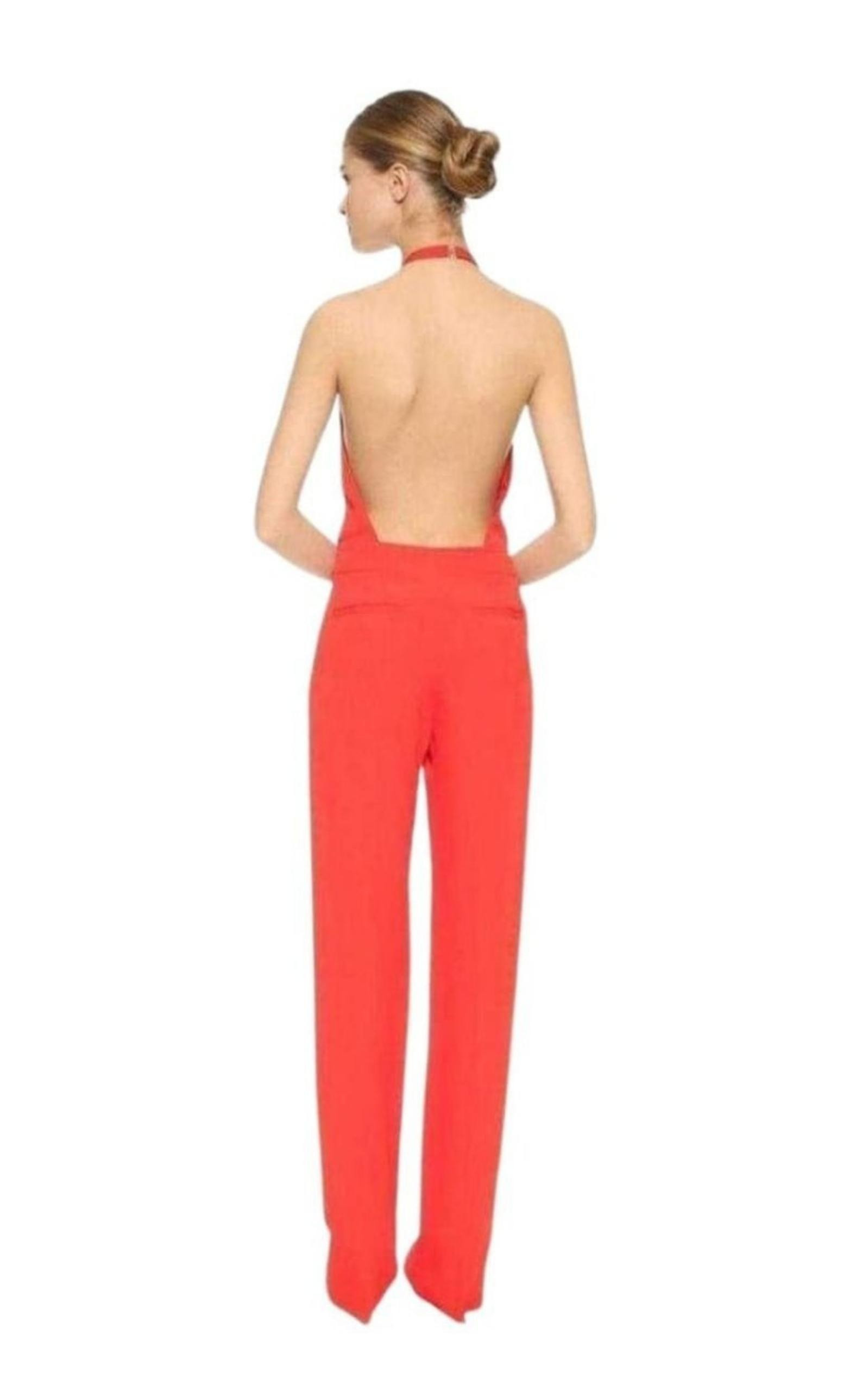 Red Open Back Sleeveless Silk Jumpsuit - 3