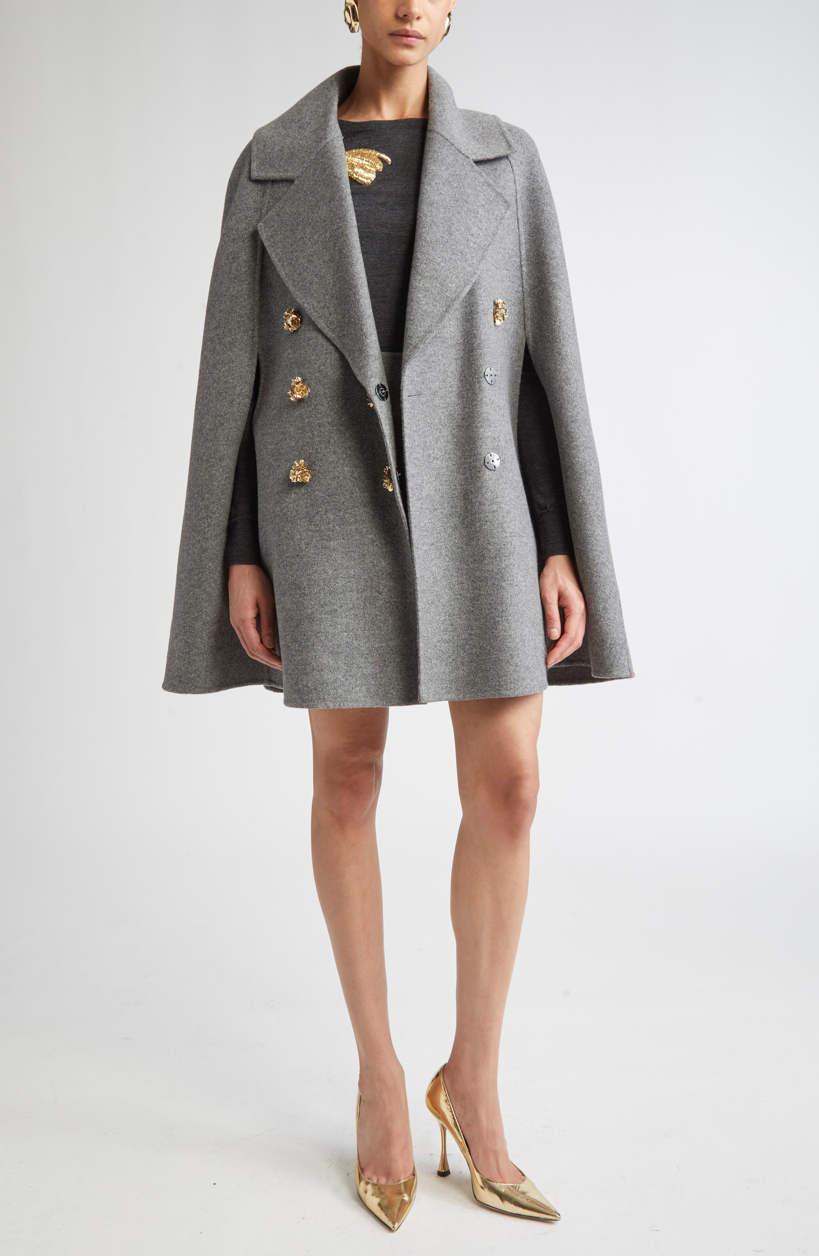 Carolina Herrera Double Face Virgin Wool Peacoat Cape in Melange Grey at Nordstrom - 7
