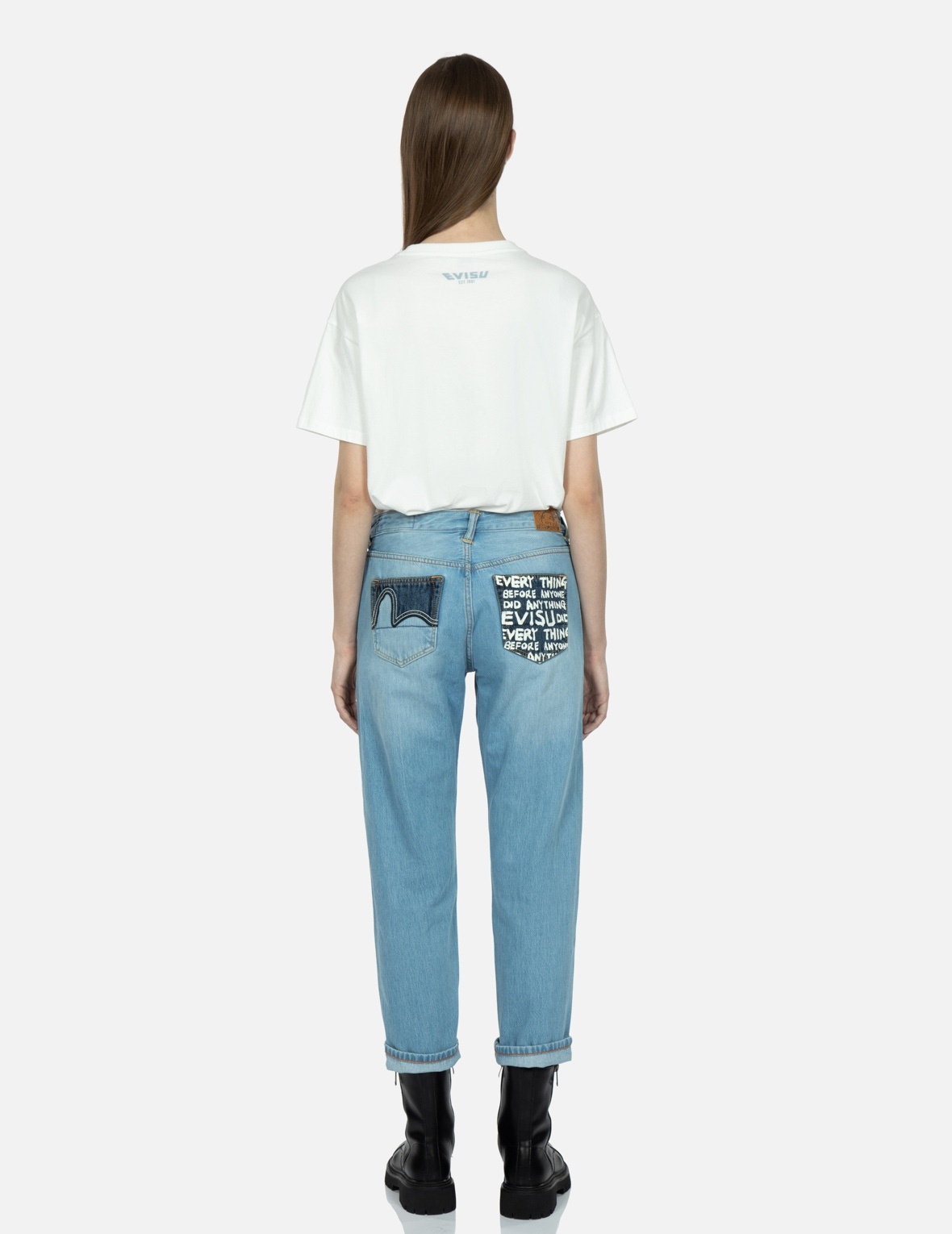 BRAND MOTTO PRINT FABRIC-BLOCKING BOYFRIEND JEANS - 5
