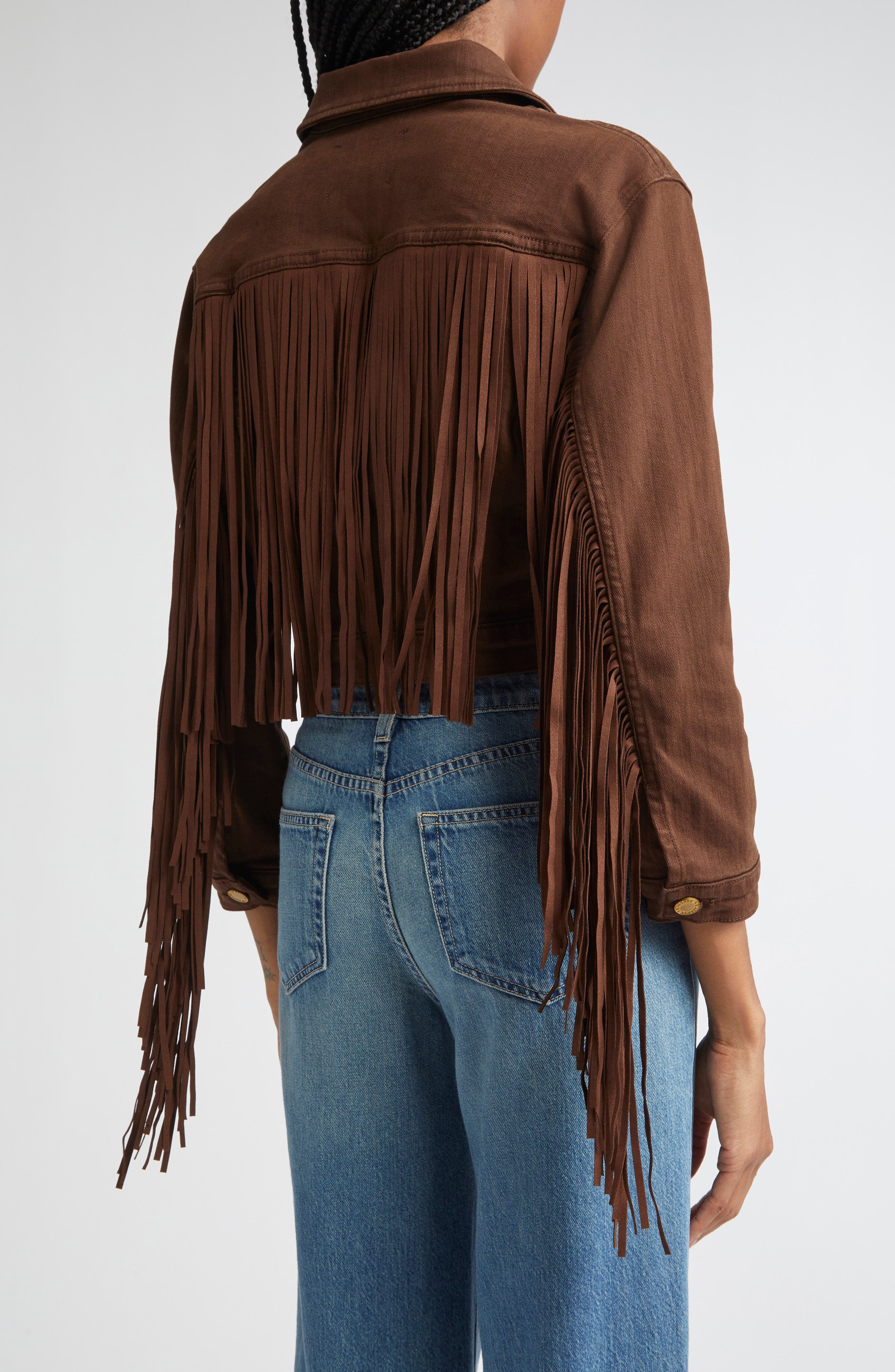 L'AGENCE Koda Fringe Crop Denim Jacket in Brown at Nordstrom - 3