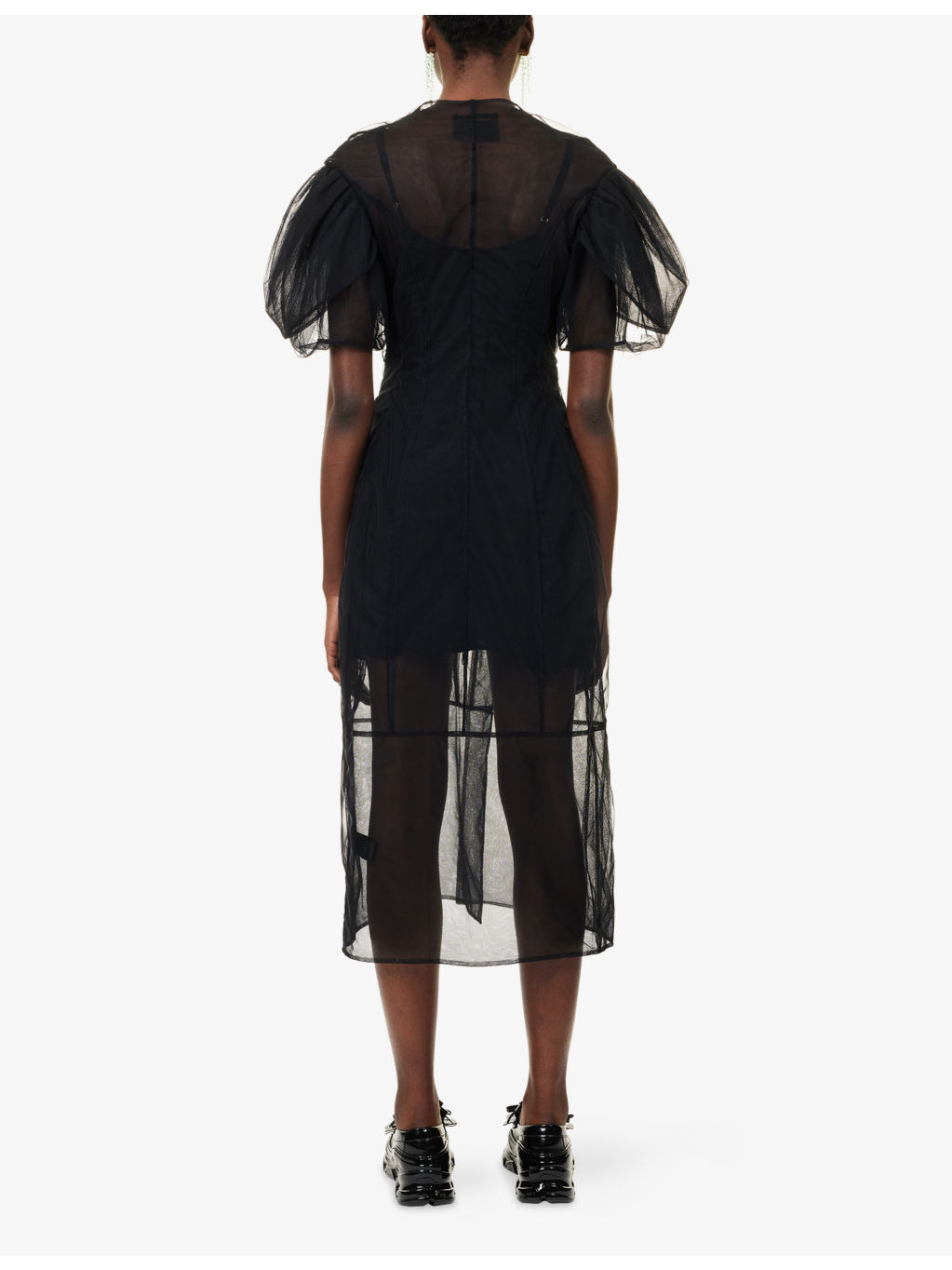 Sculpted Petal-Sleeve Sheer Tulle Knee-Length Dress - 4