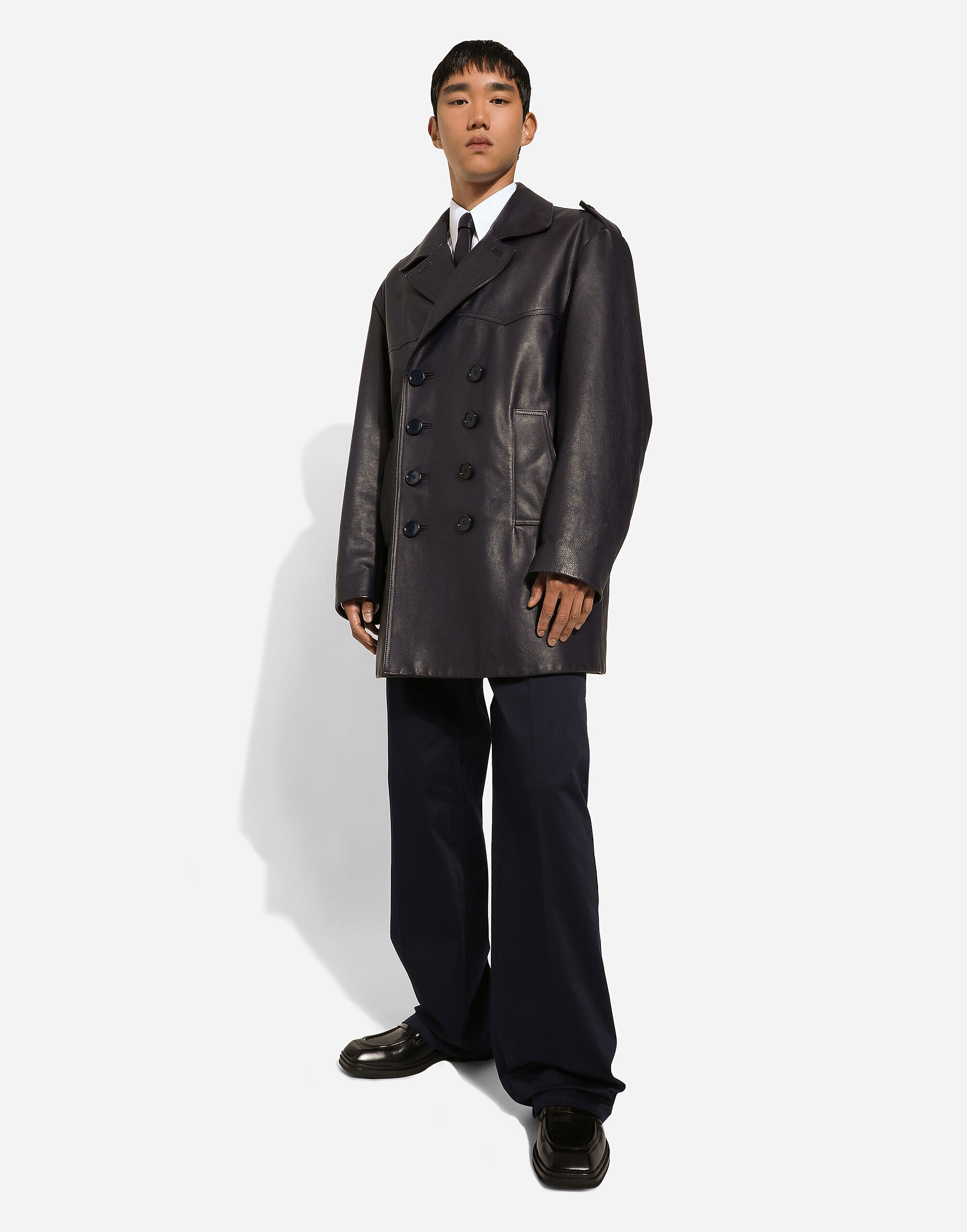 Double-breasted leather pea coat - 6