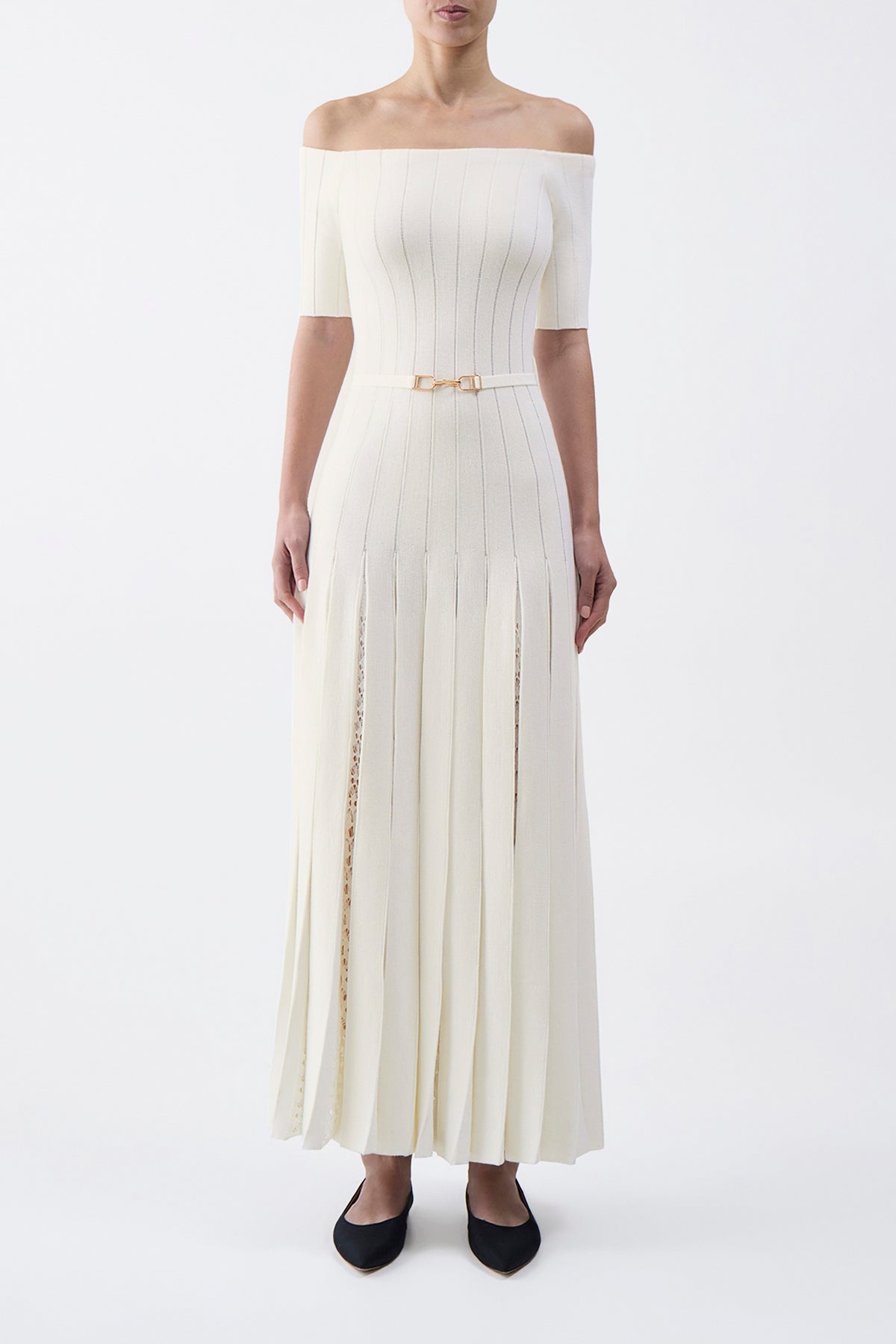 Kurt Pleated Knit Dress in Ivory Merino Wool - 3