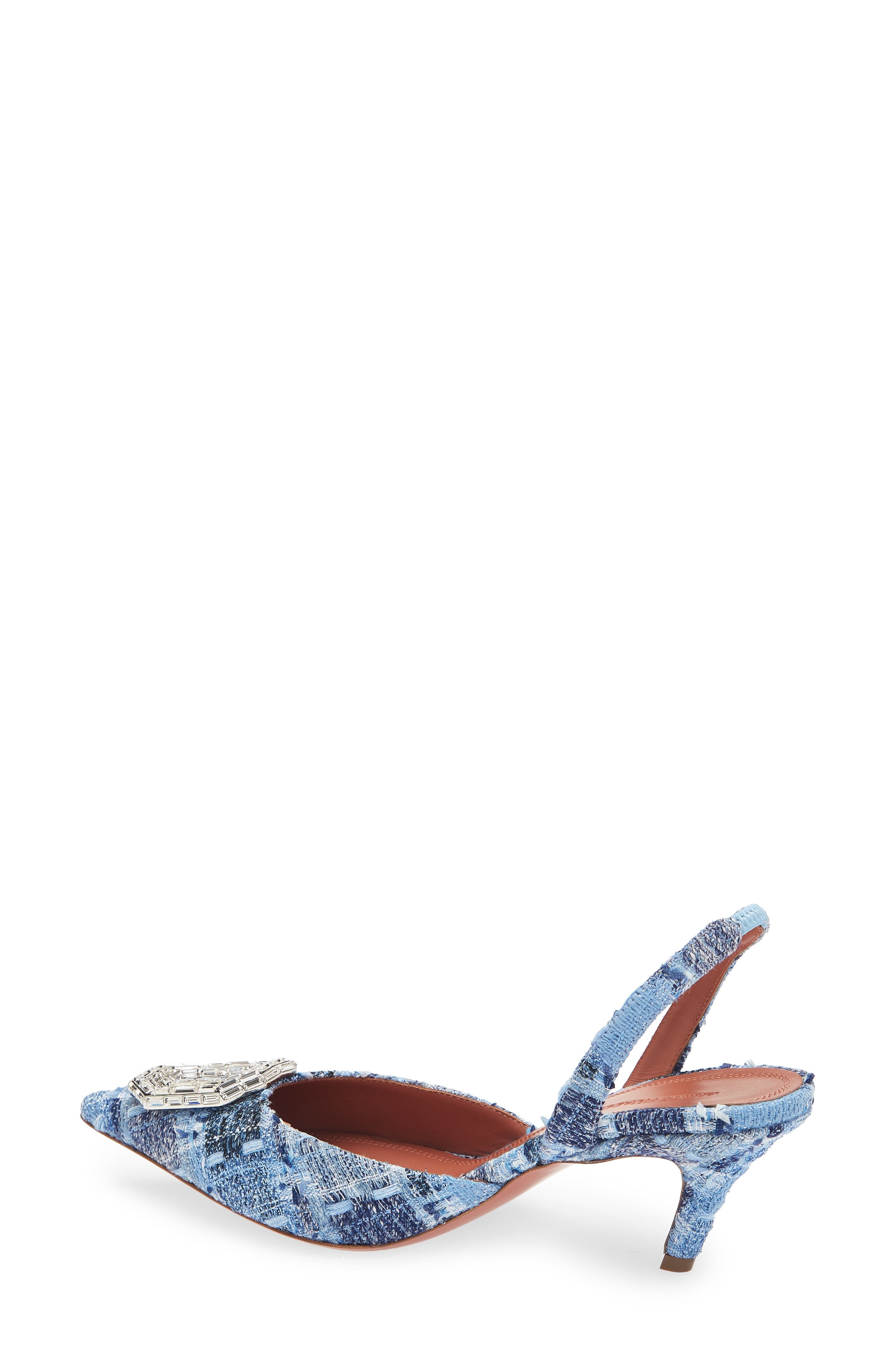 Amina Muaddi Camelia Crystal Buckle Pointed Toe Slingback Pump in Tweed Blue White Buckle at Nordstr - 2