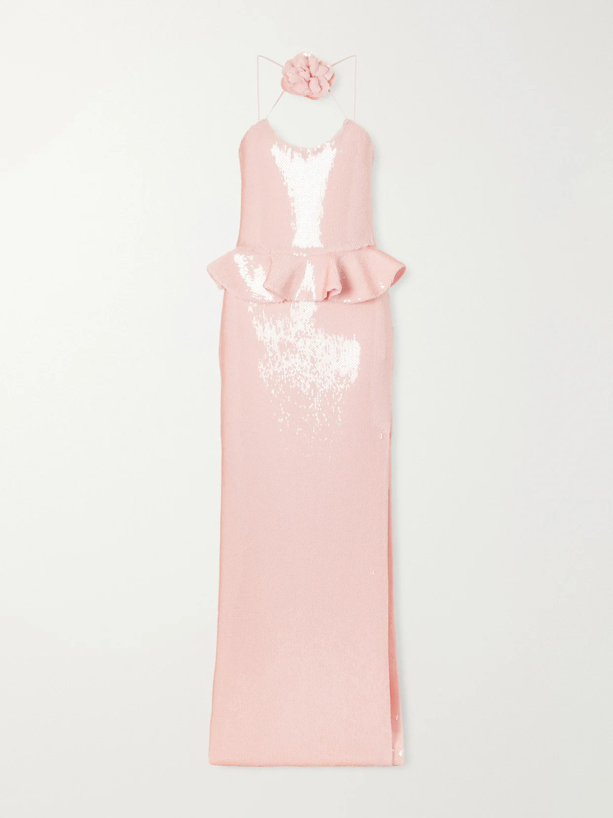 Floral-appliquéd Ruffled Sequined Mesh Halterneck Gown - 1