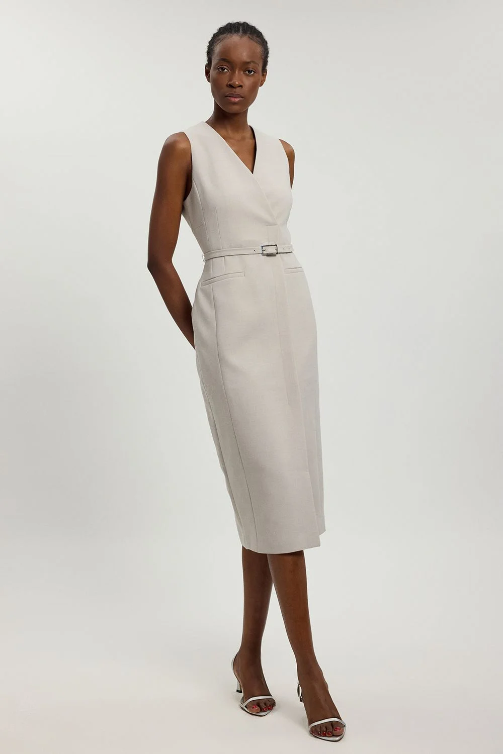 Compact Stretch Belted Tailored Pencil Midi Dress - 1