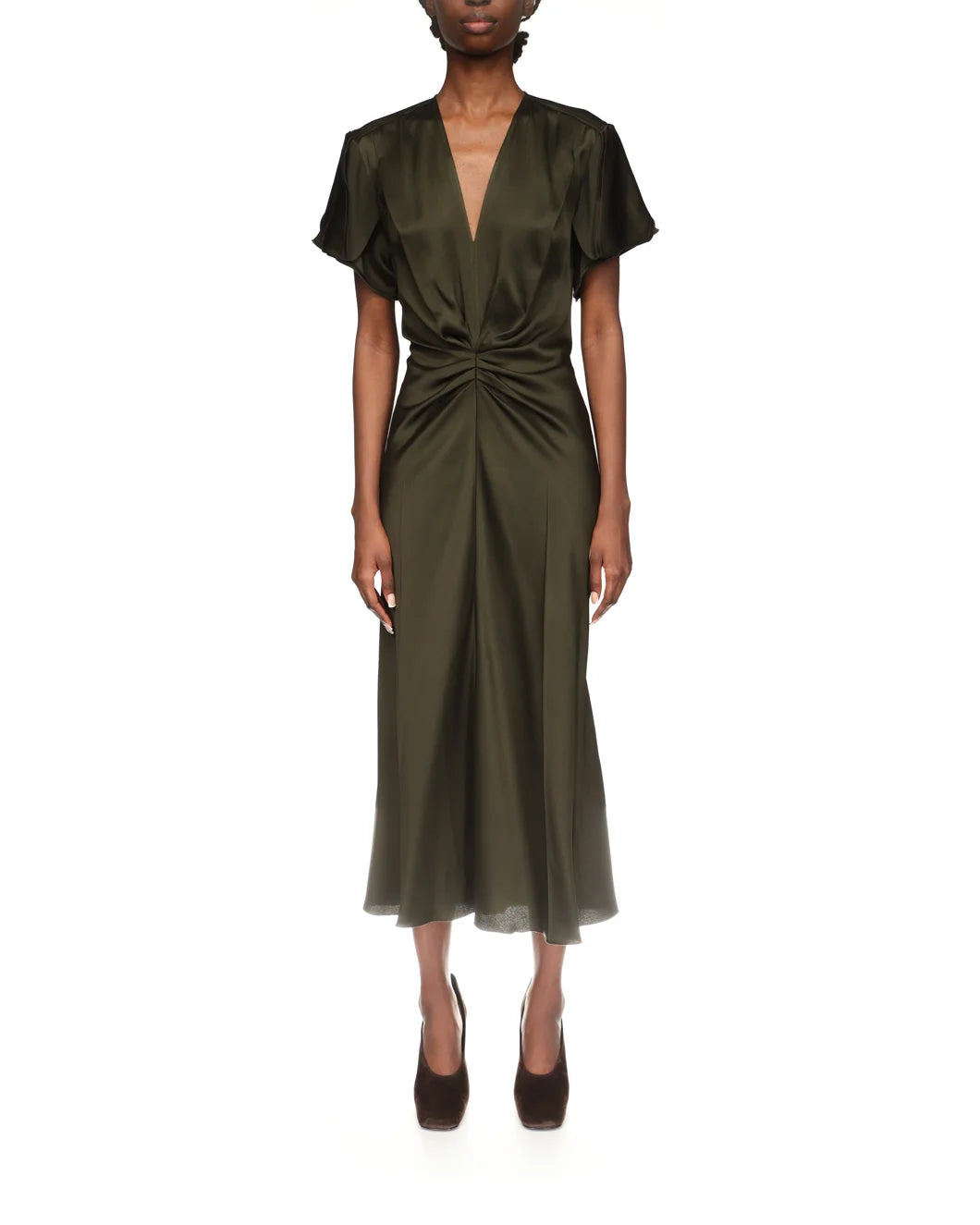 BELA V-NECK MIDI DRESS IN OLIVE GREEN - 2