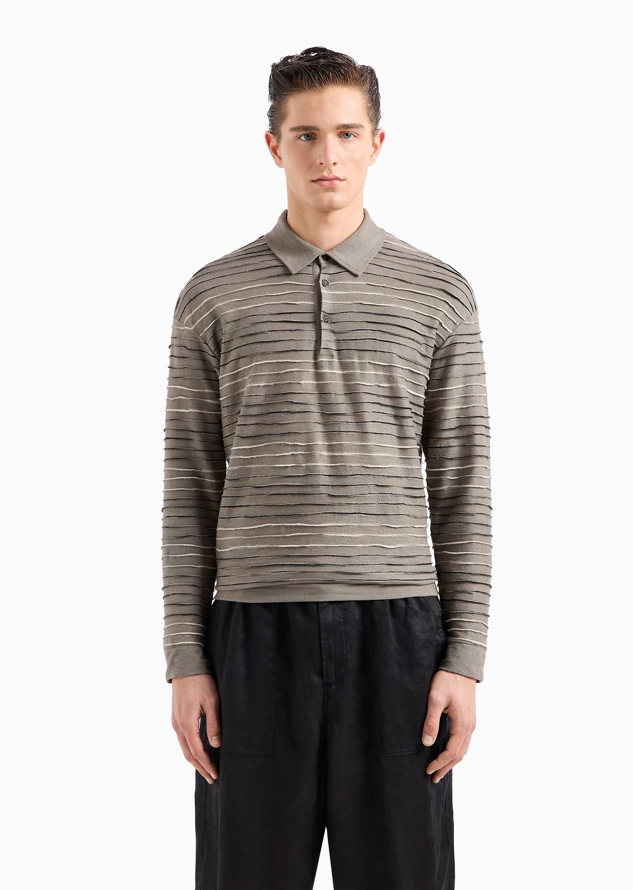Long-sleeved polo shirt in linen, cotton and viscose jersey jacquard - 2
