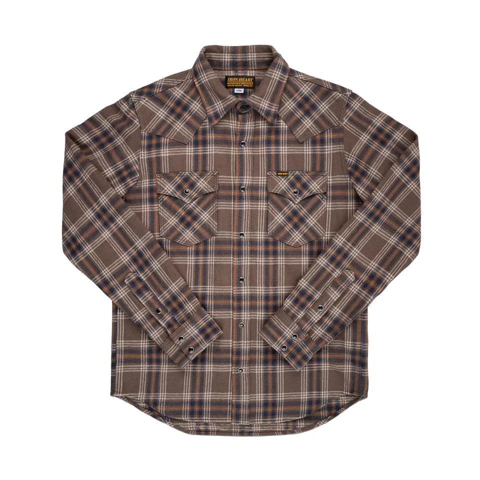 IHSH-431-BRN Slubby Heavy Flannel Check Western Shirt Brown - 1