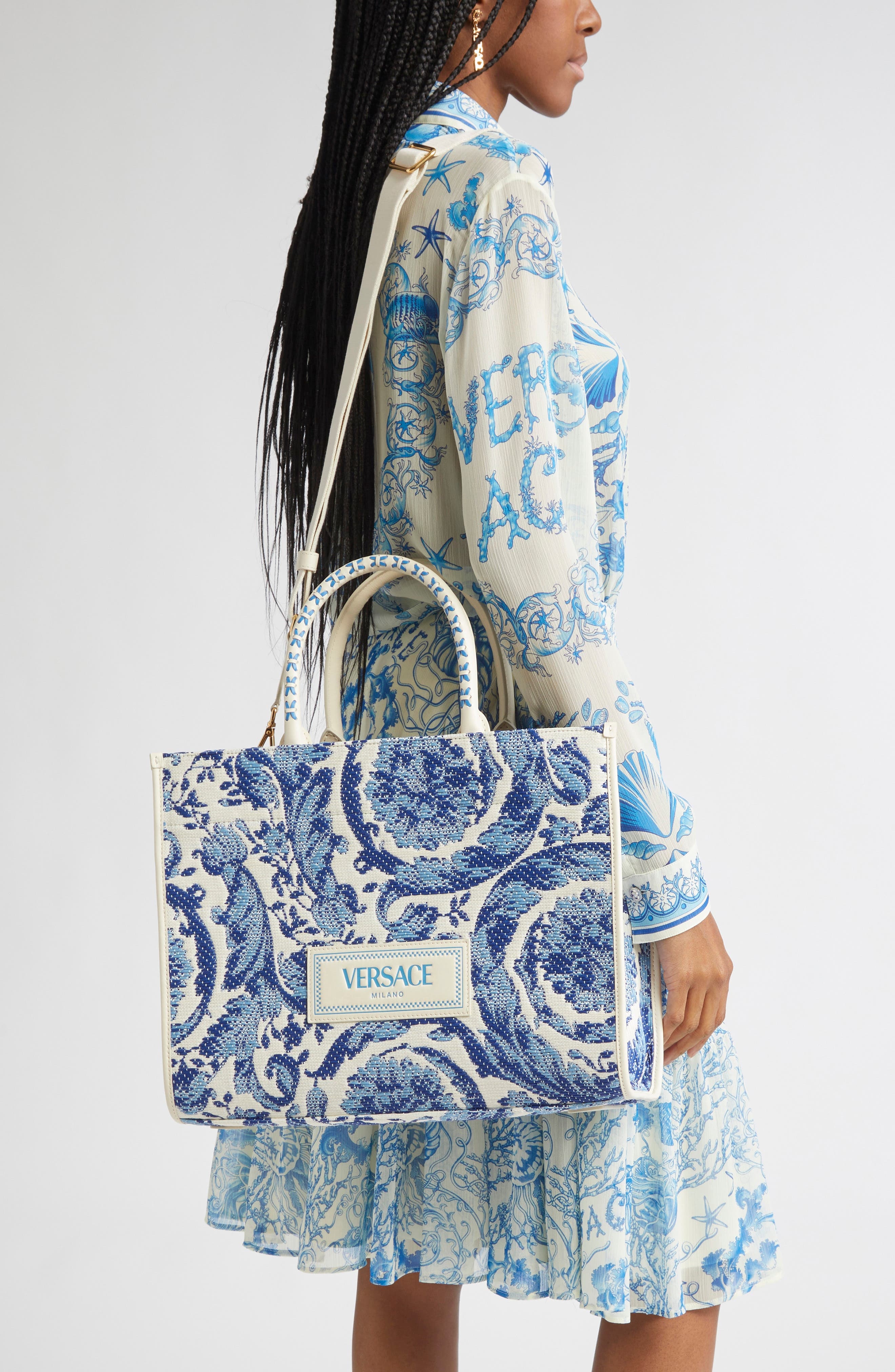 Versace Large Barocco Floral Raffia Tote in Eggshell/Bright Blue at Nordstrom - 3