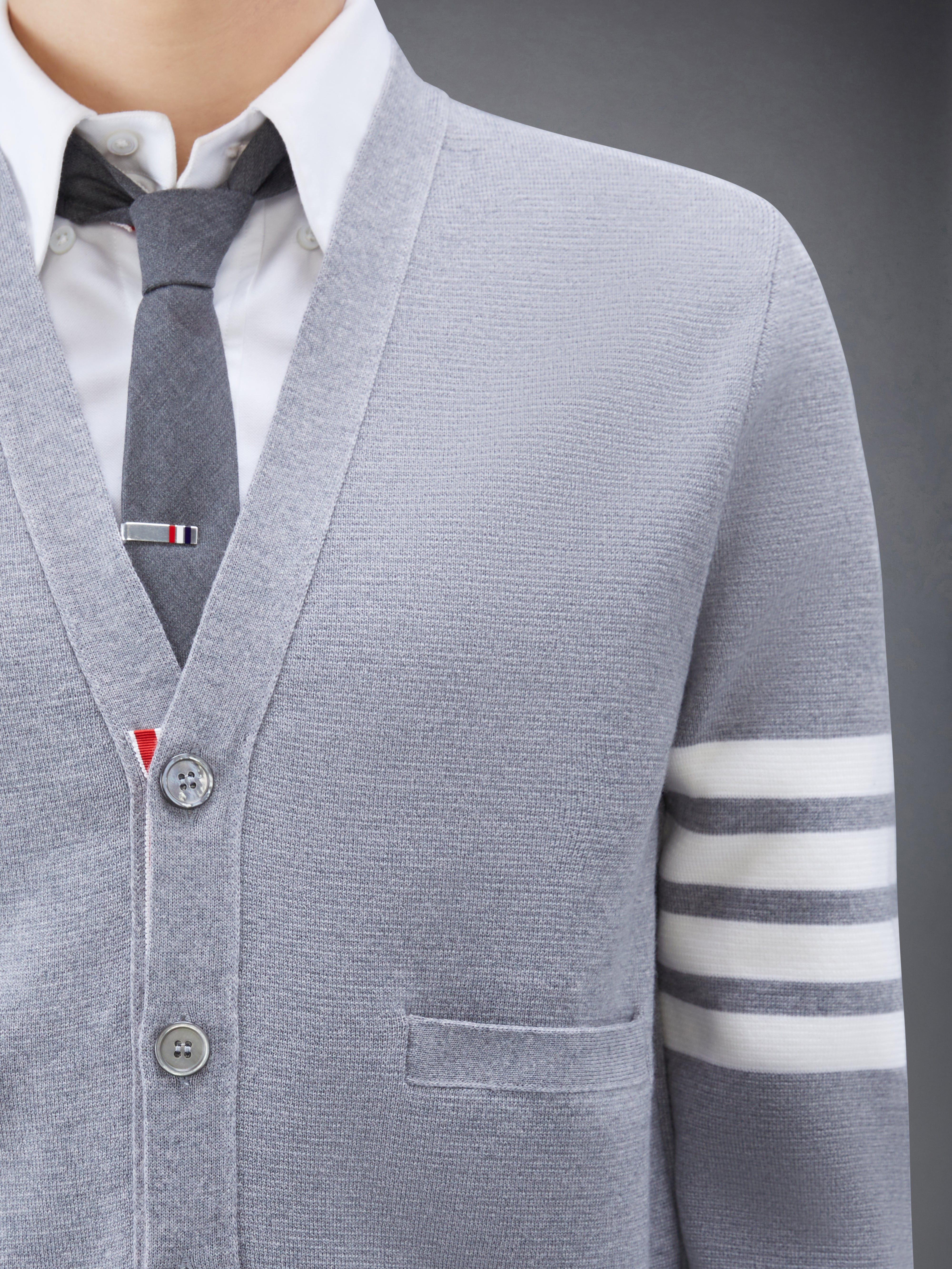 Light Grey Milano Stitch Fine Merino Wool 4-Bar V-Neck Cardigan - 6