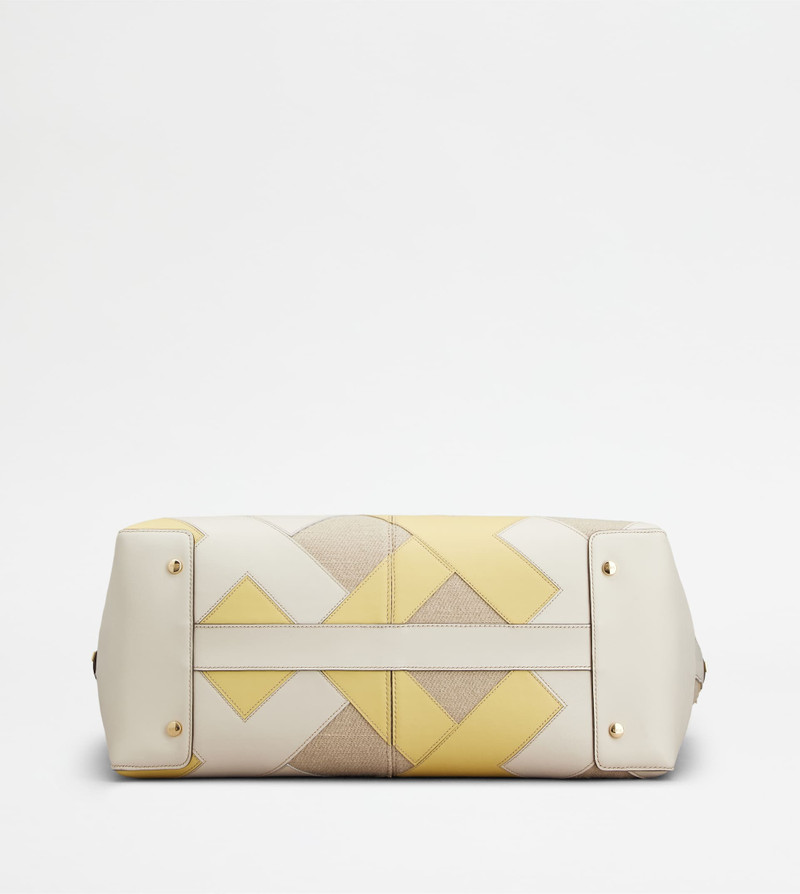 TOD'S DI BAG FOLIO IN LEATHER AND CANVAS MEDIUM - WHITE, GREY, YELLOW 4