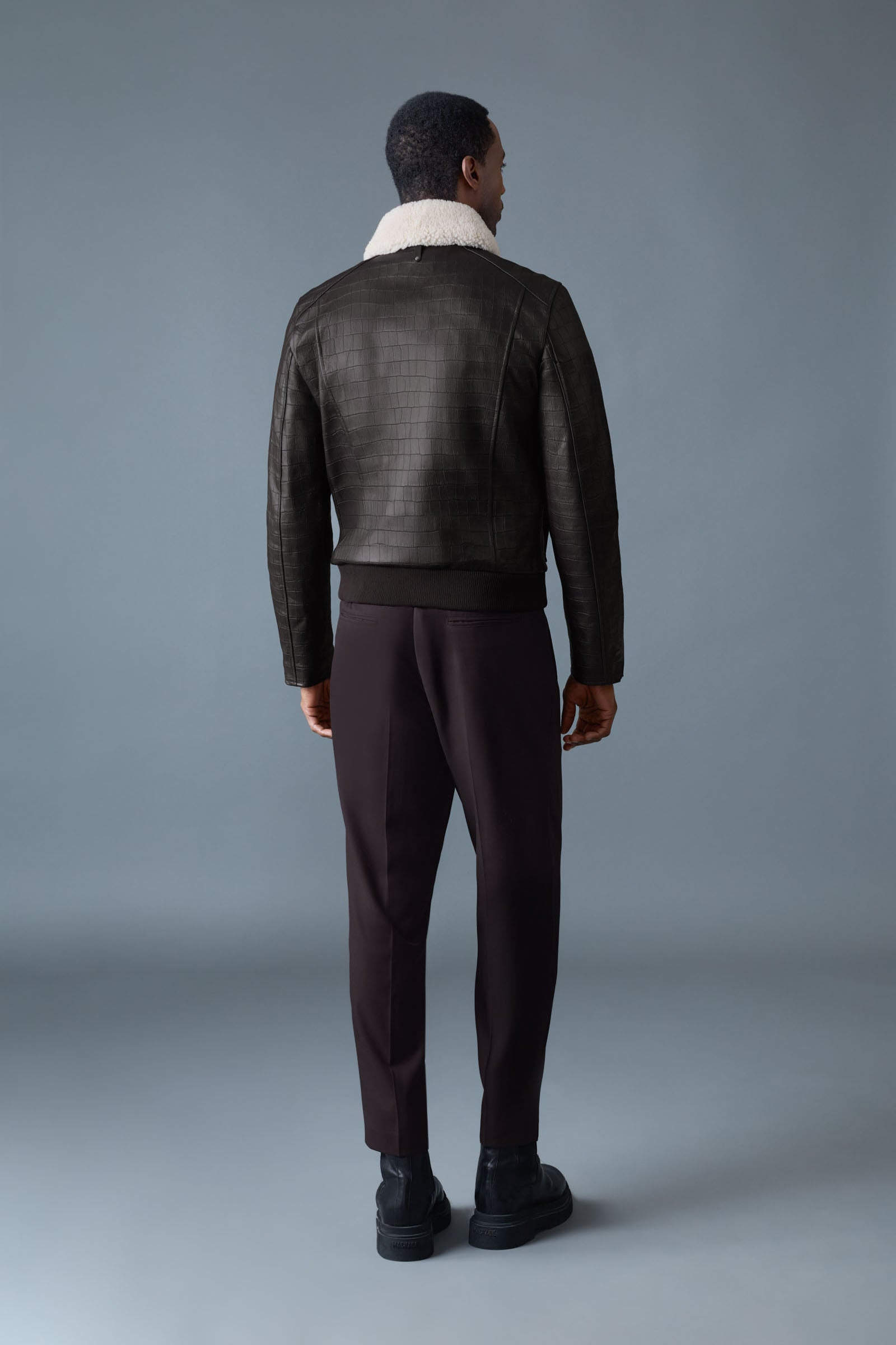CHANCE-NV Croc-Embossed Leather Jacket with Shearling Collar - 5