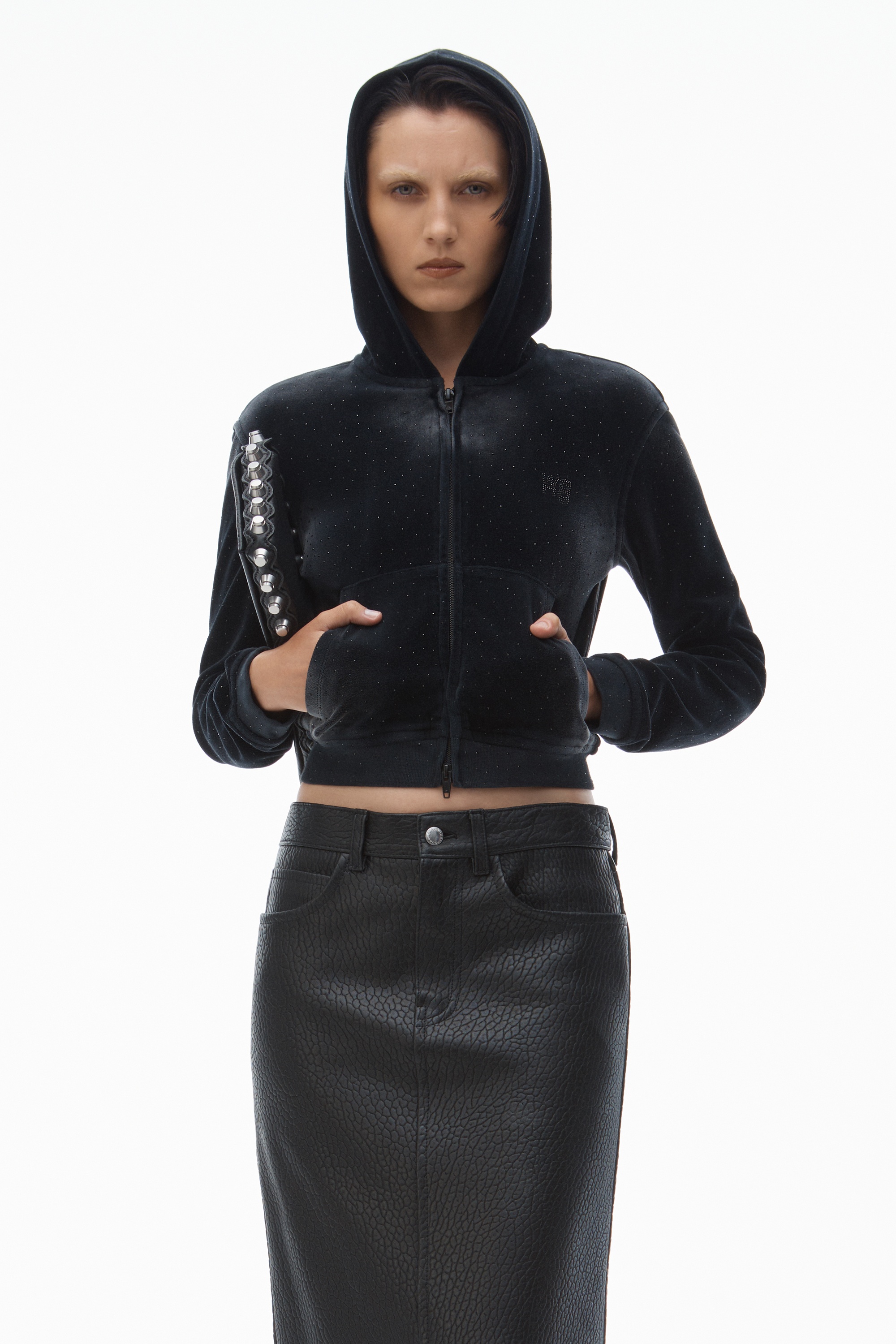 Hoodie with Clear Bead Hotfix in Crushed Velour - 2
