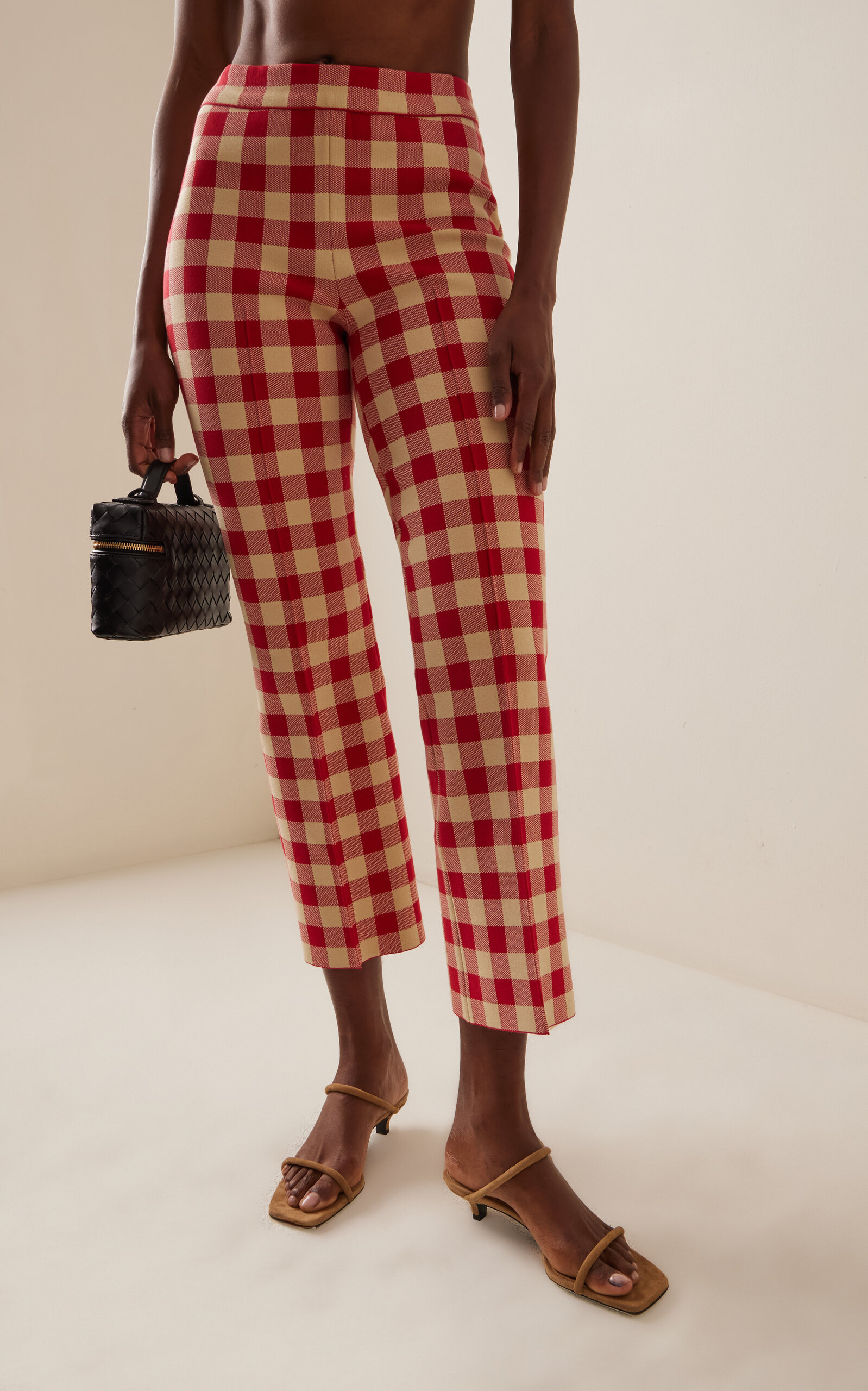 Exclusive Kick Gingham Stretch-Cotton Knit Cropped Flared Pants red - 3