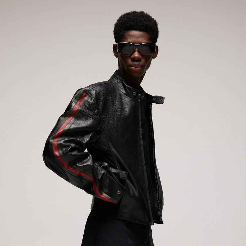 Leather biker jacket with Web detail 4