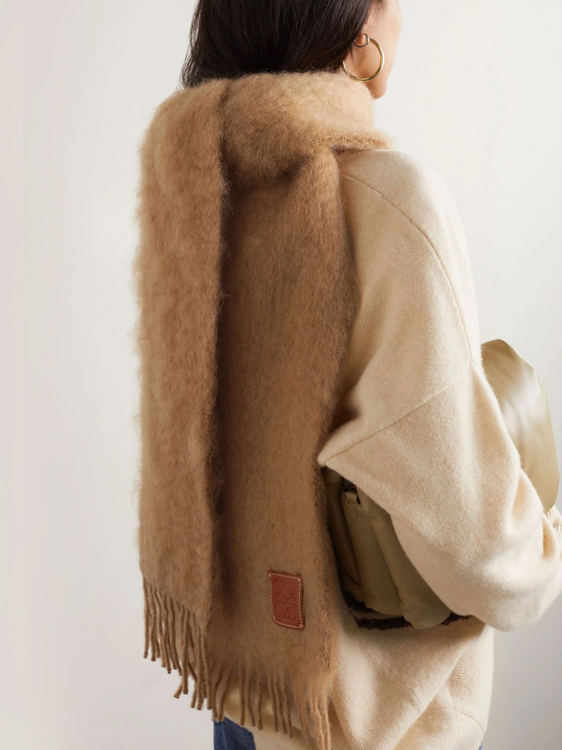 Loewe Appliquéd fringed mohair-blend scarf Camel outlook