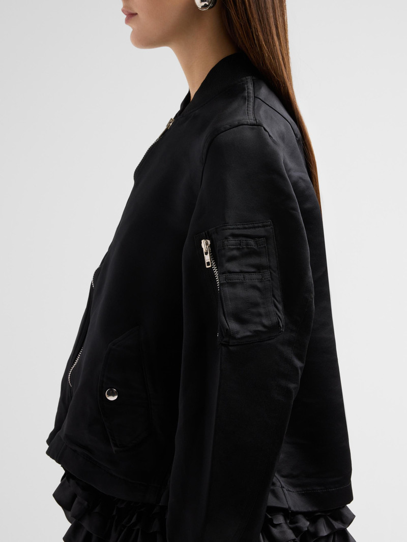 Women's Satin Ruffle-Trimmed Bomber Jacket - Black 5
