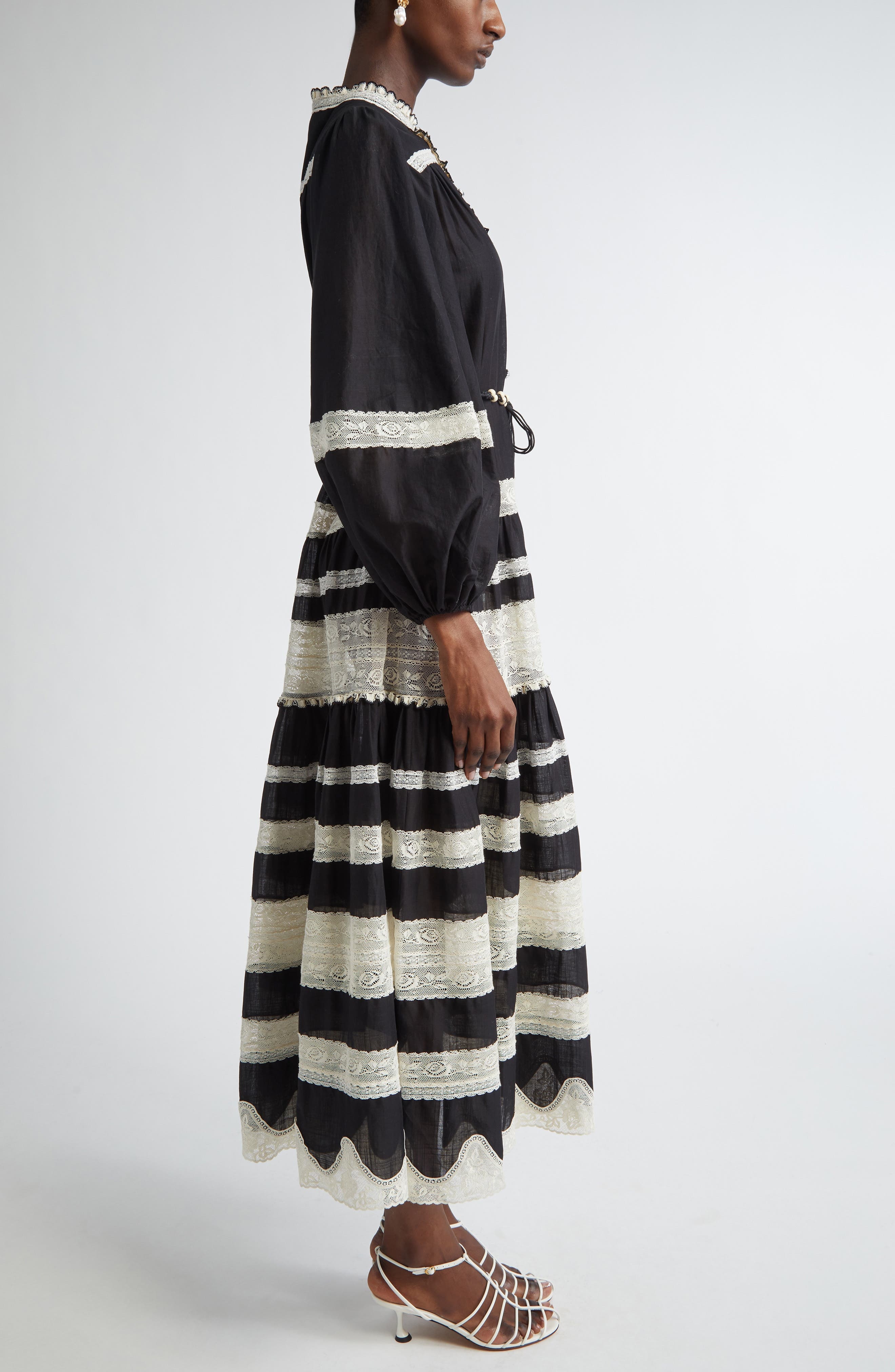 Zimmermann Rhiannon Lace Stripe Long Sleeve Billow Midi Shirtdress in Black/Cream at Nordstrom - 3