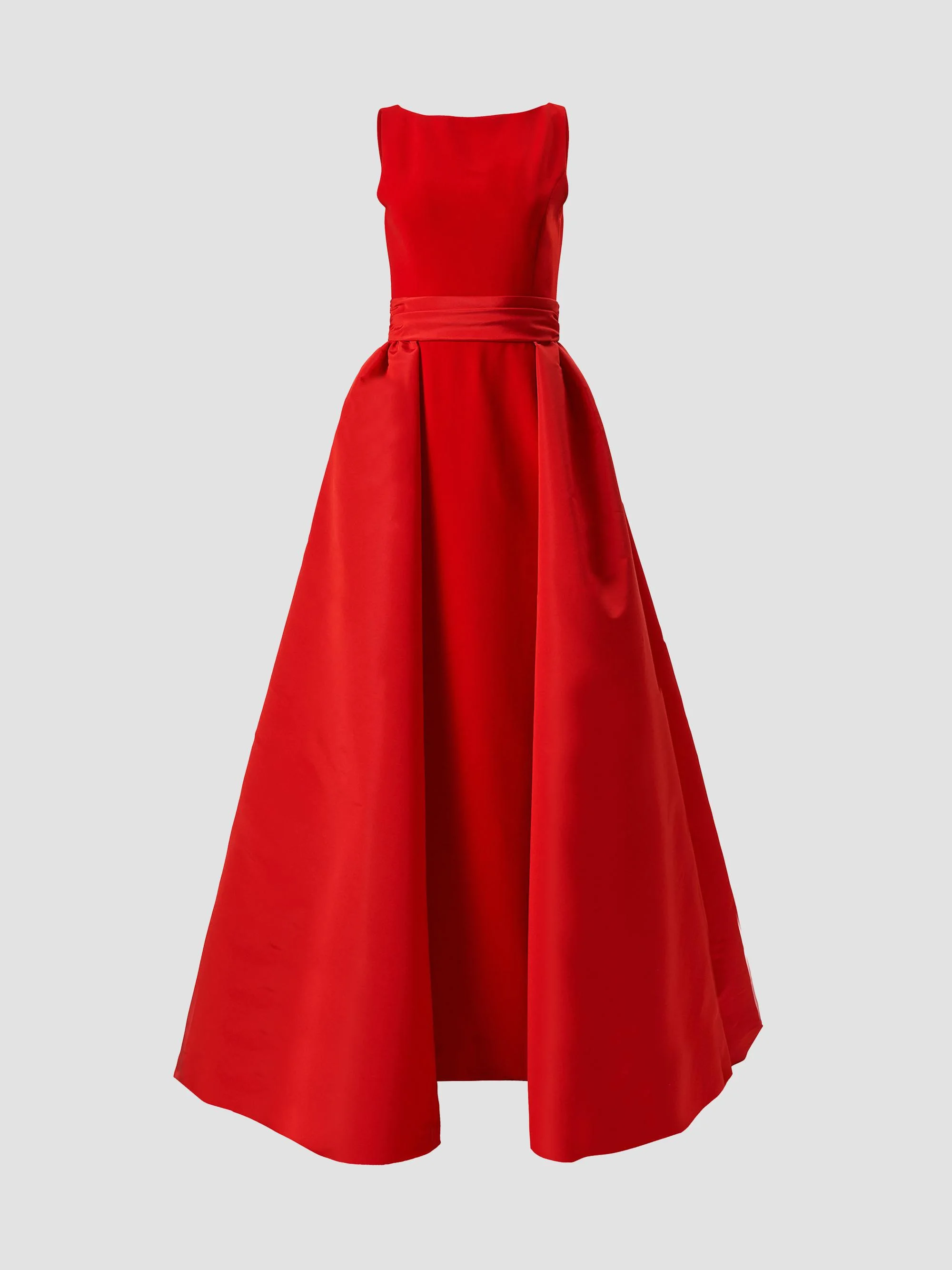Women's Boatneck Silk Overskirt Column Gown - Red - 1
