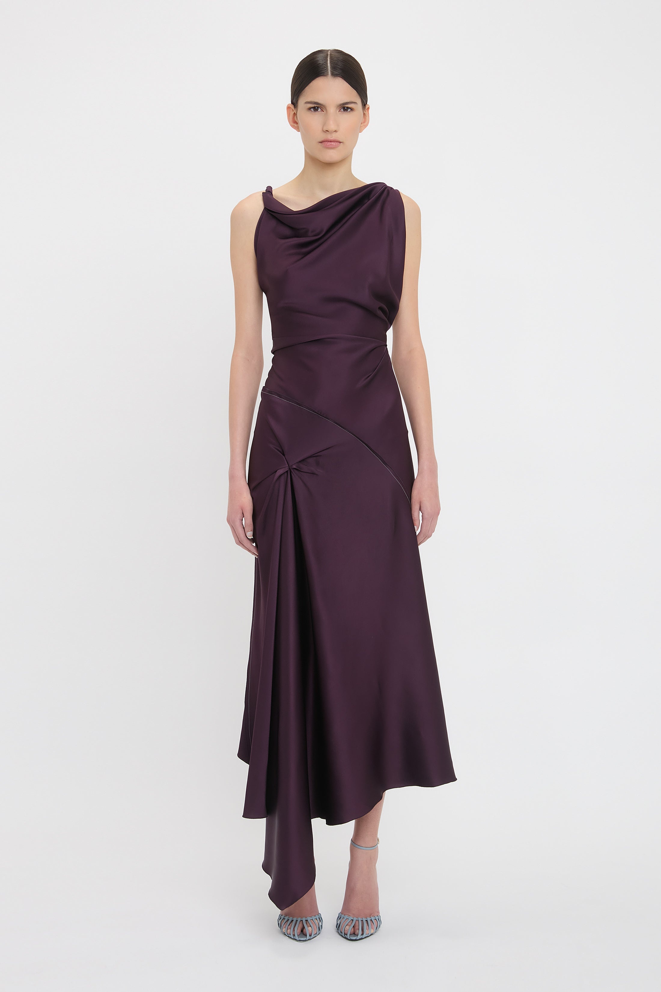 Asymmetric Draped Midi Dress In Fig - 2