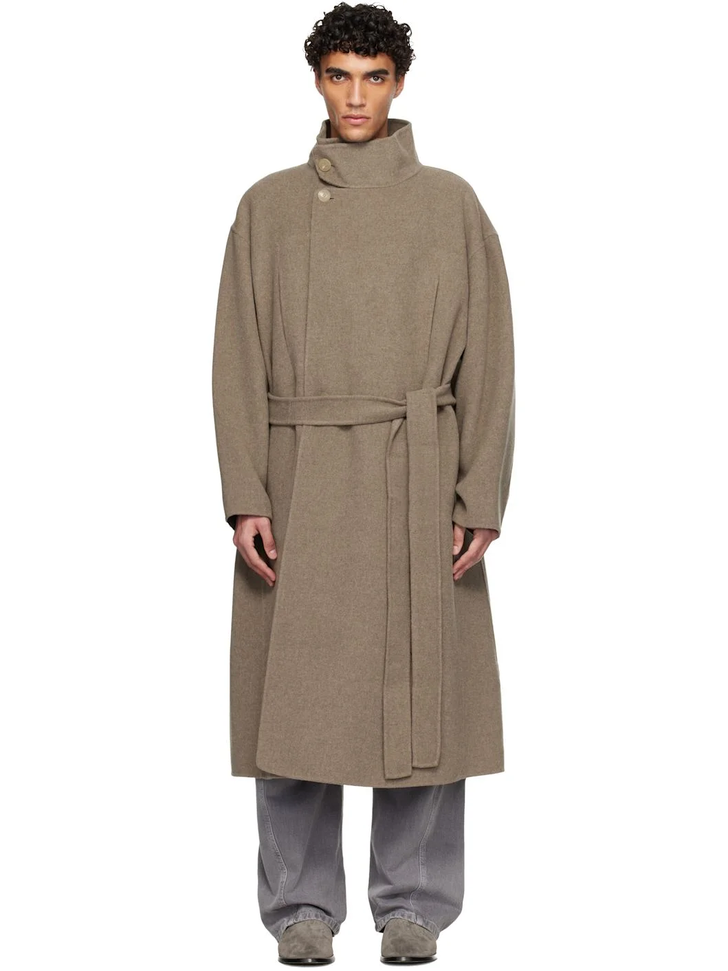 Taupe Wool Cashmere Highneck Coat - 1